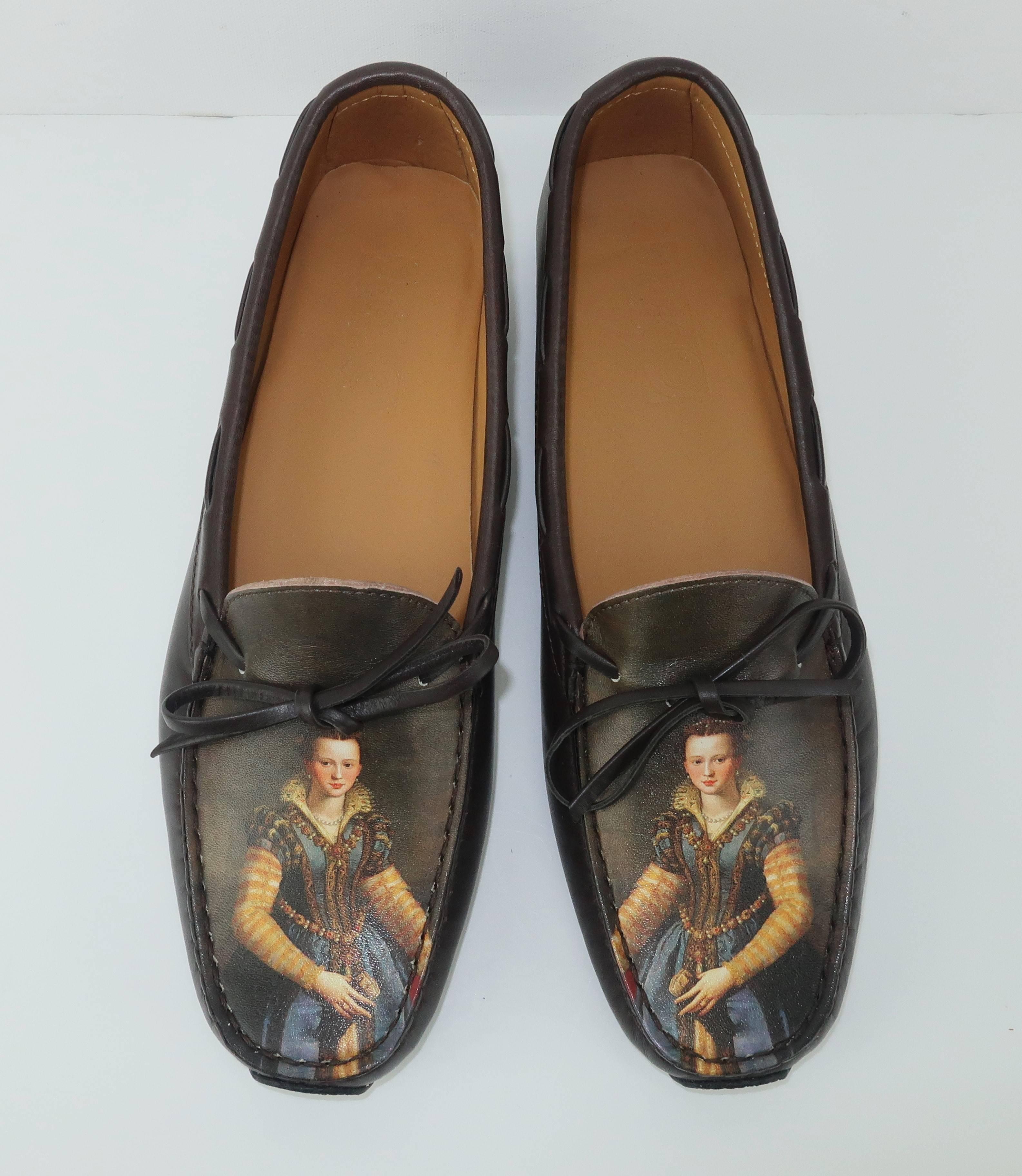 These comfy and clever dark brown moccasin loafers are printed with a portrait of Maria de Medici painted by Alessandro Allori in the late 1500's.  They were manufactured in Italy by Icon shoes using their licensed method of printing works of art on