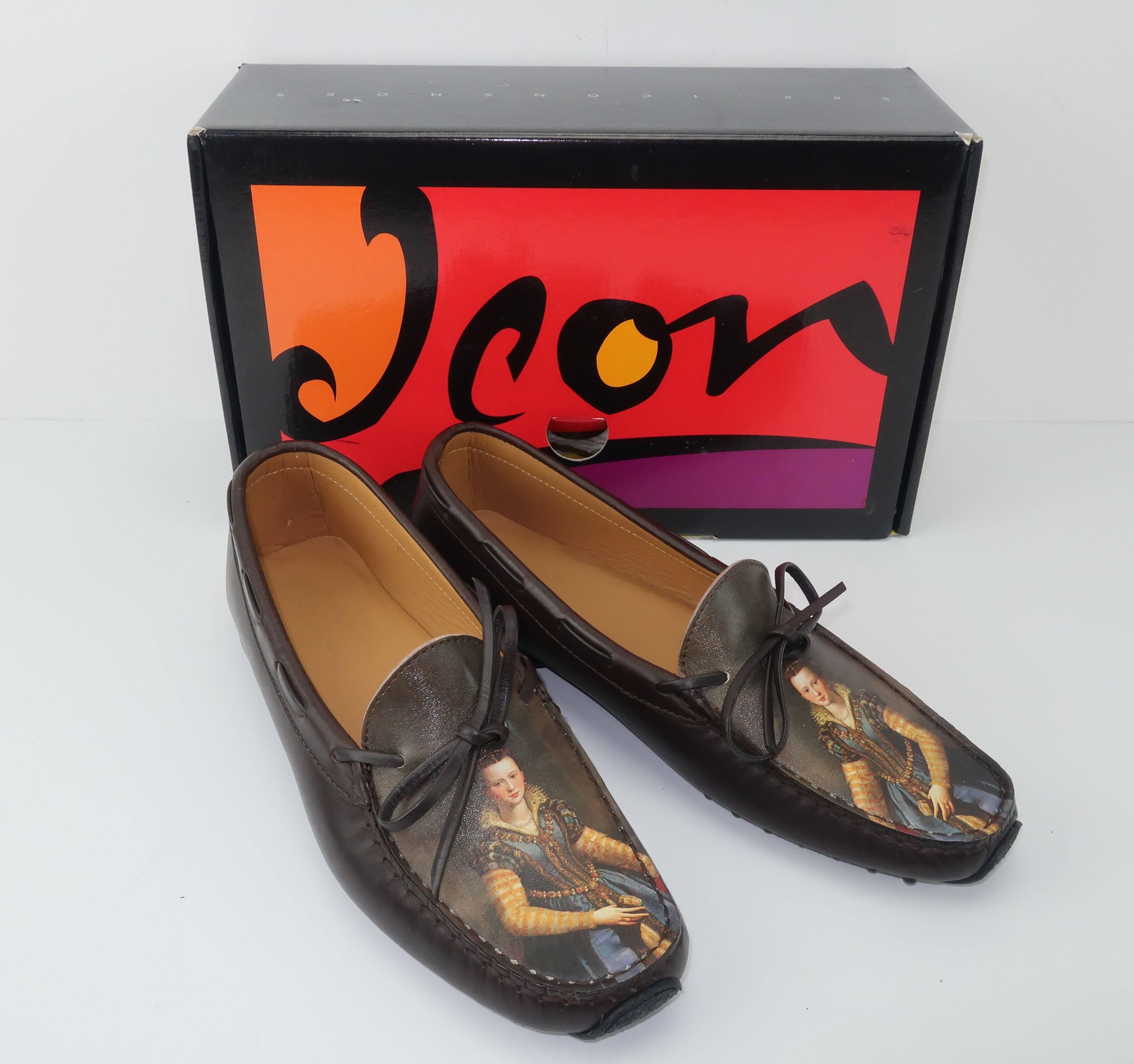  Icon shoes Art Printed Brown Leather Moccasin Loafers  1