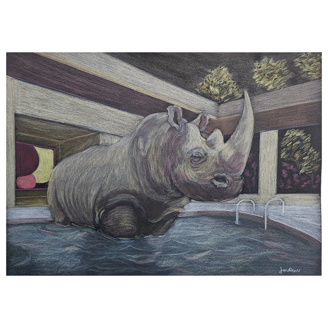 Aquarelle d'art originale Rhino in Pool - VENTE DE LIQUIDATION
