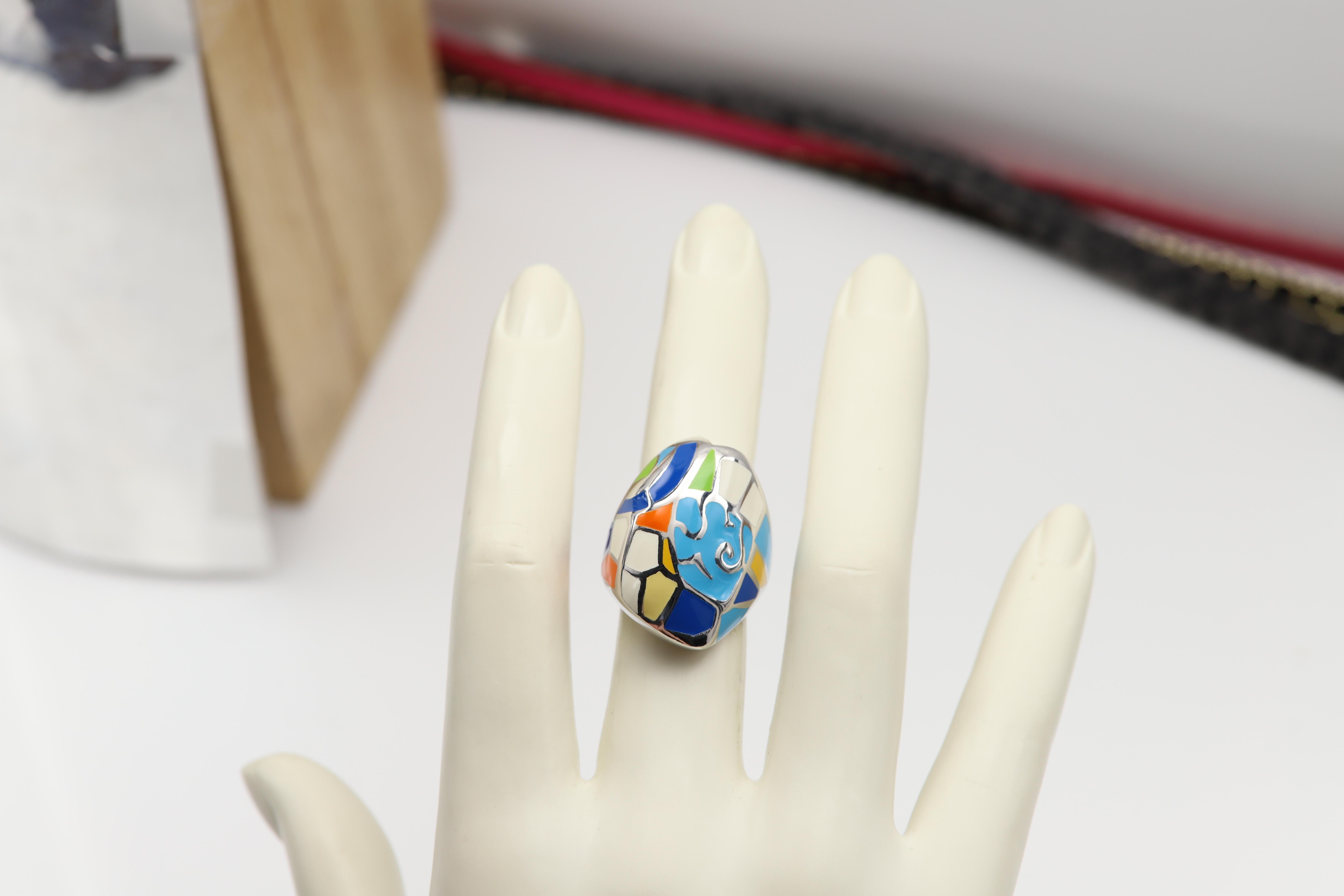 Art Ring Sterling Silver famous artist Gaudi Enamel Inspired Artistic Ring For Sale 3