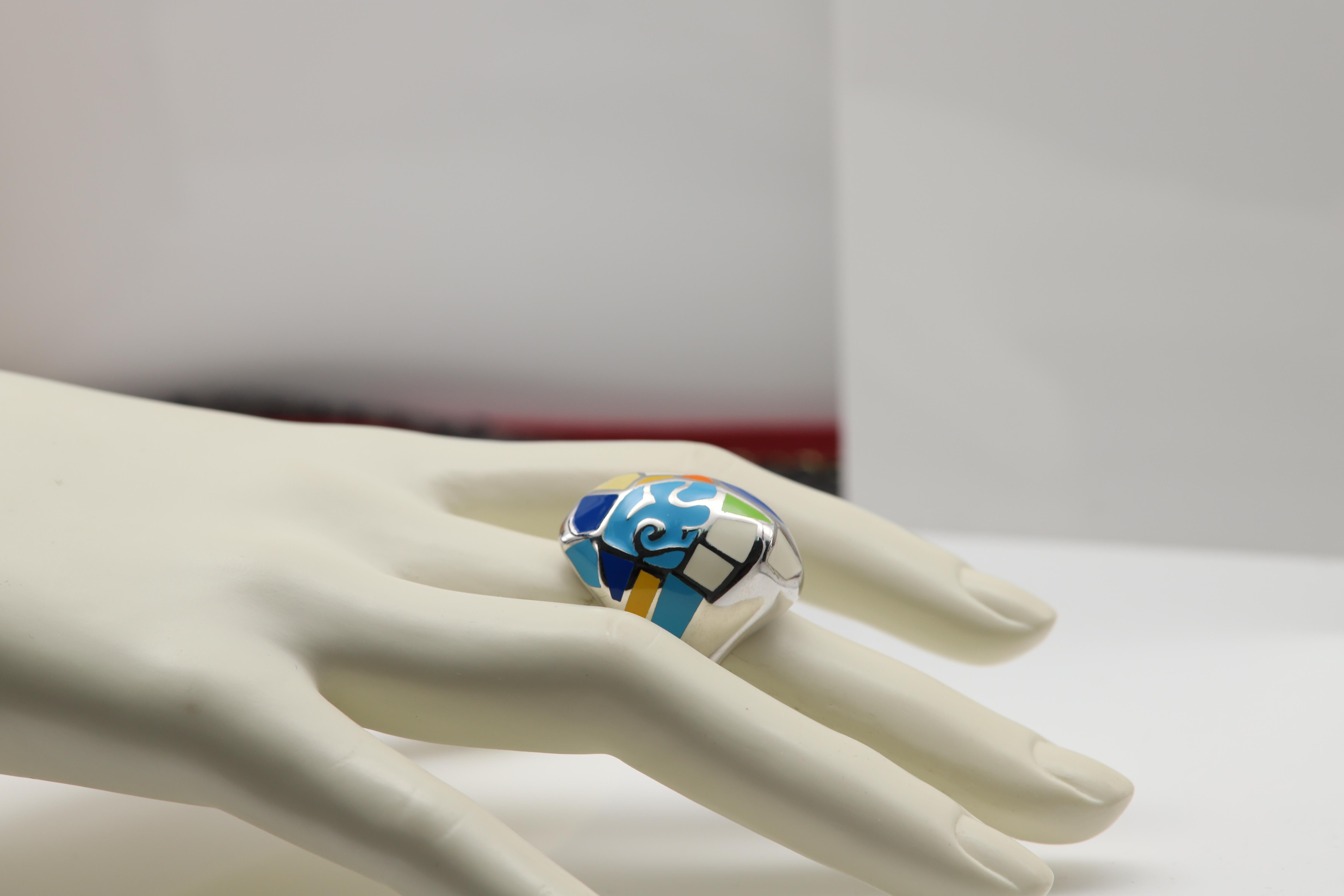 Art Ring Sterling Silver famous artist Gaudi Enamel Inspired Artistic Ring For Sale 5