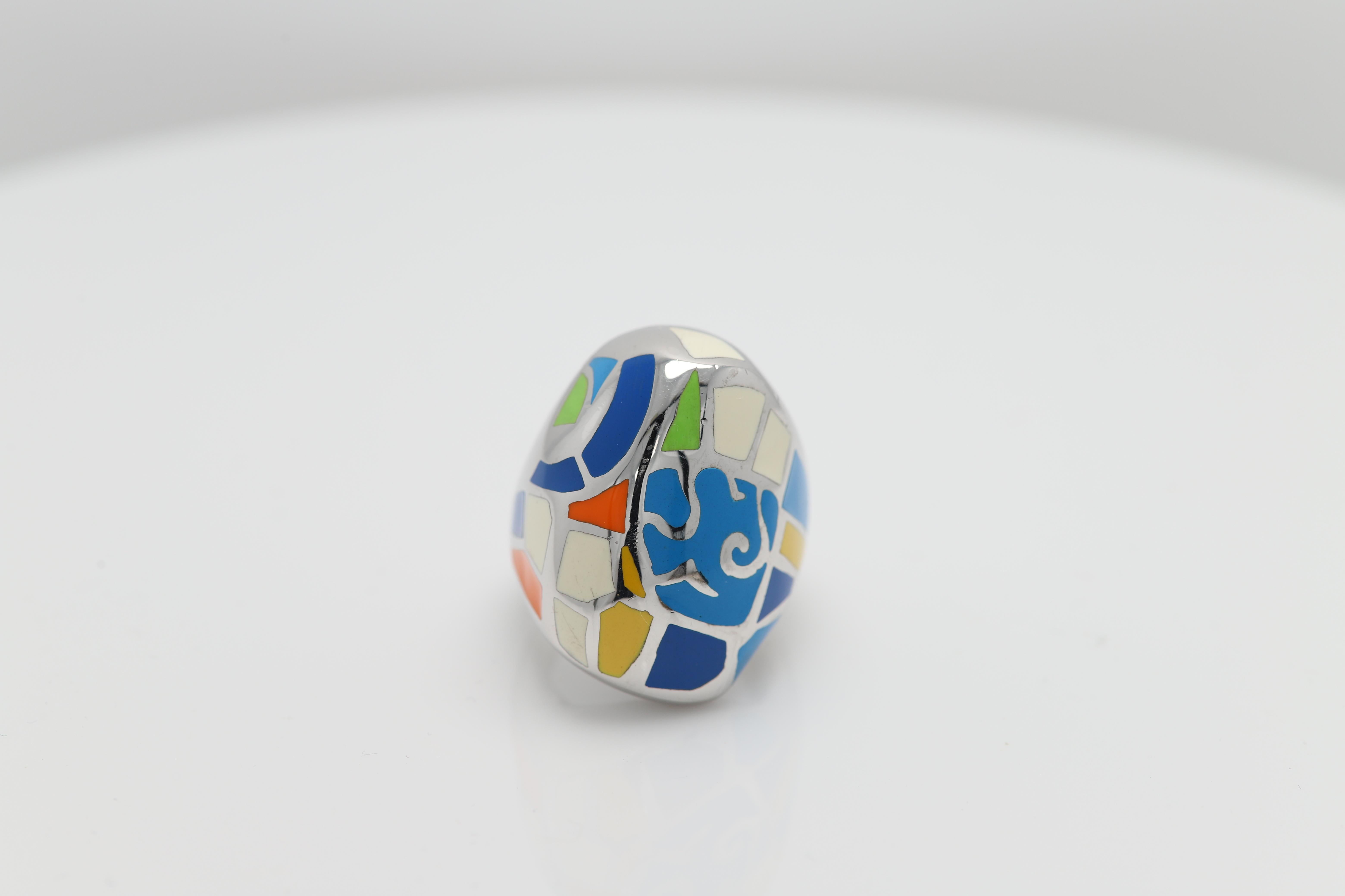 Art Ring Sterling Silver famous artist Gaudi Enamel Inspired Artistic Ring For Sale 6