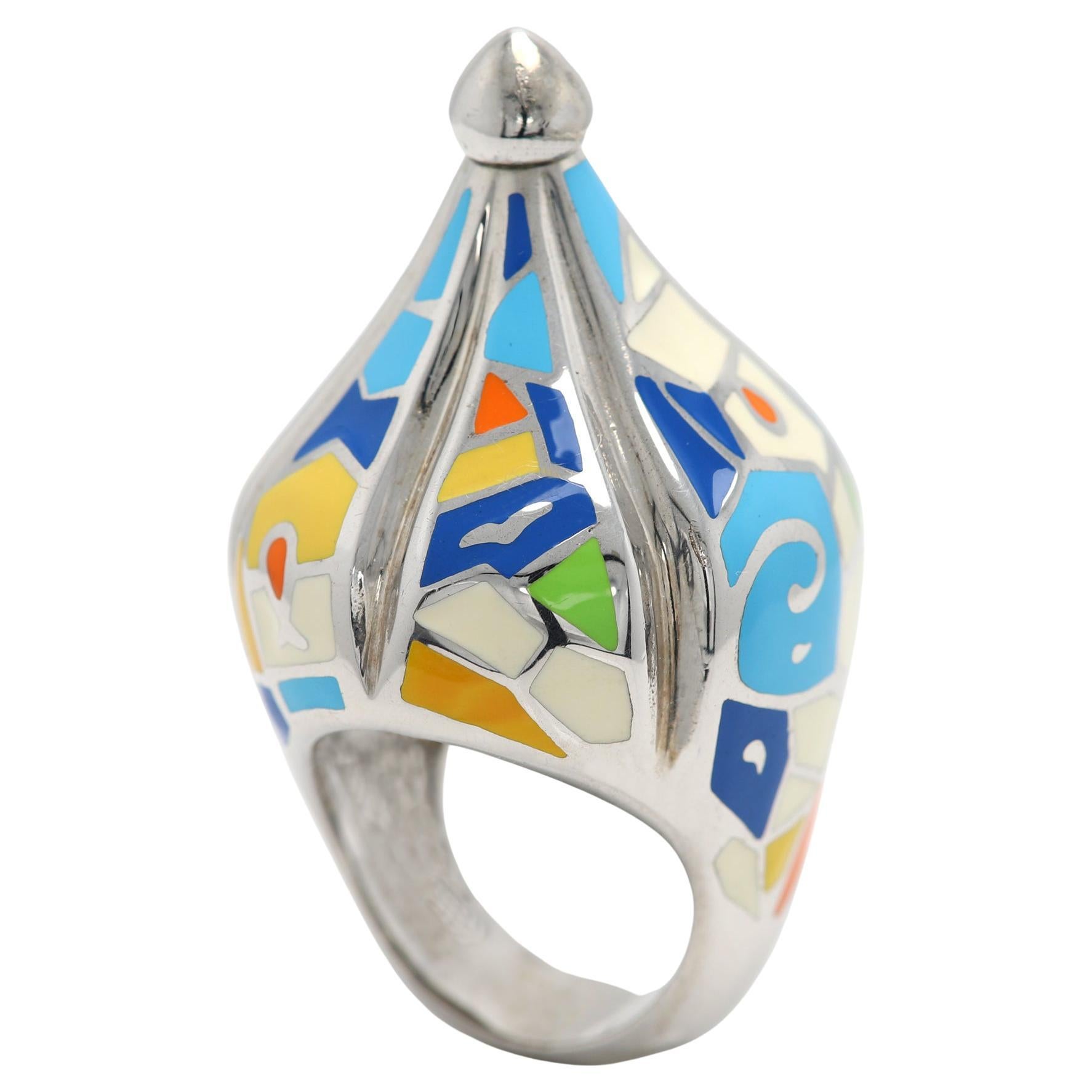 Art Ring Sterling Silver famous artist Gaudi Enamel Inspired Artistic Ring For Sale