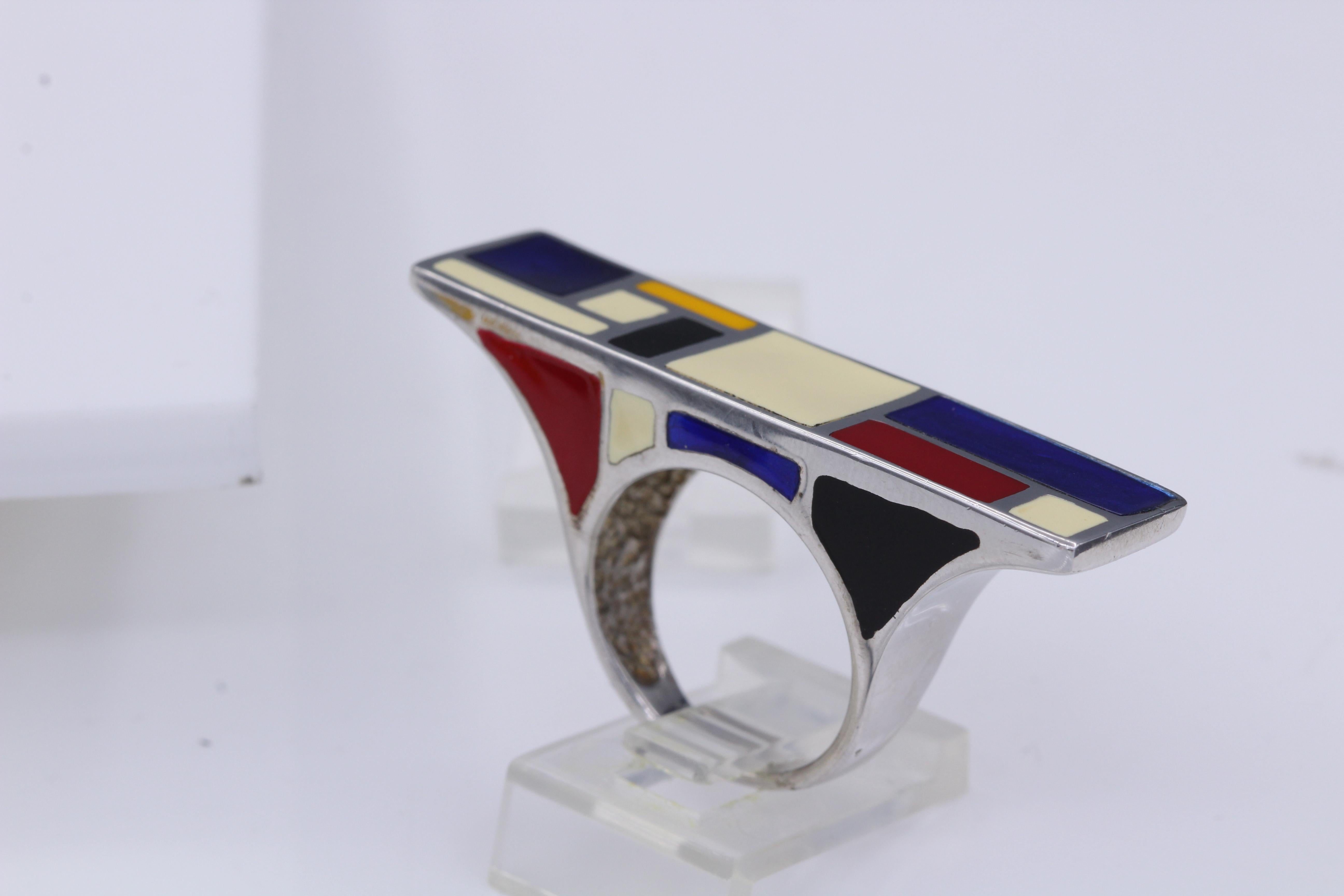 Art Ring Sterling Silver famous artist Mondrian Enamel Inspired Artistic Ring For Sale 6