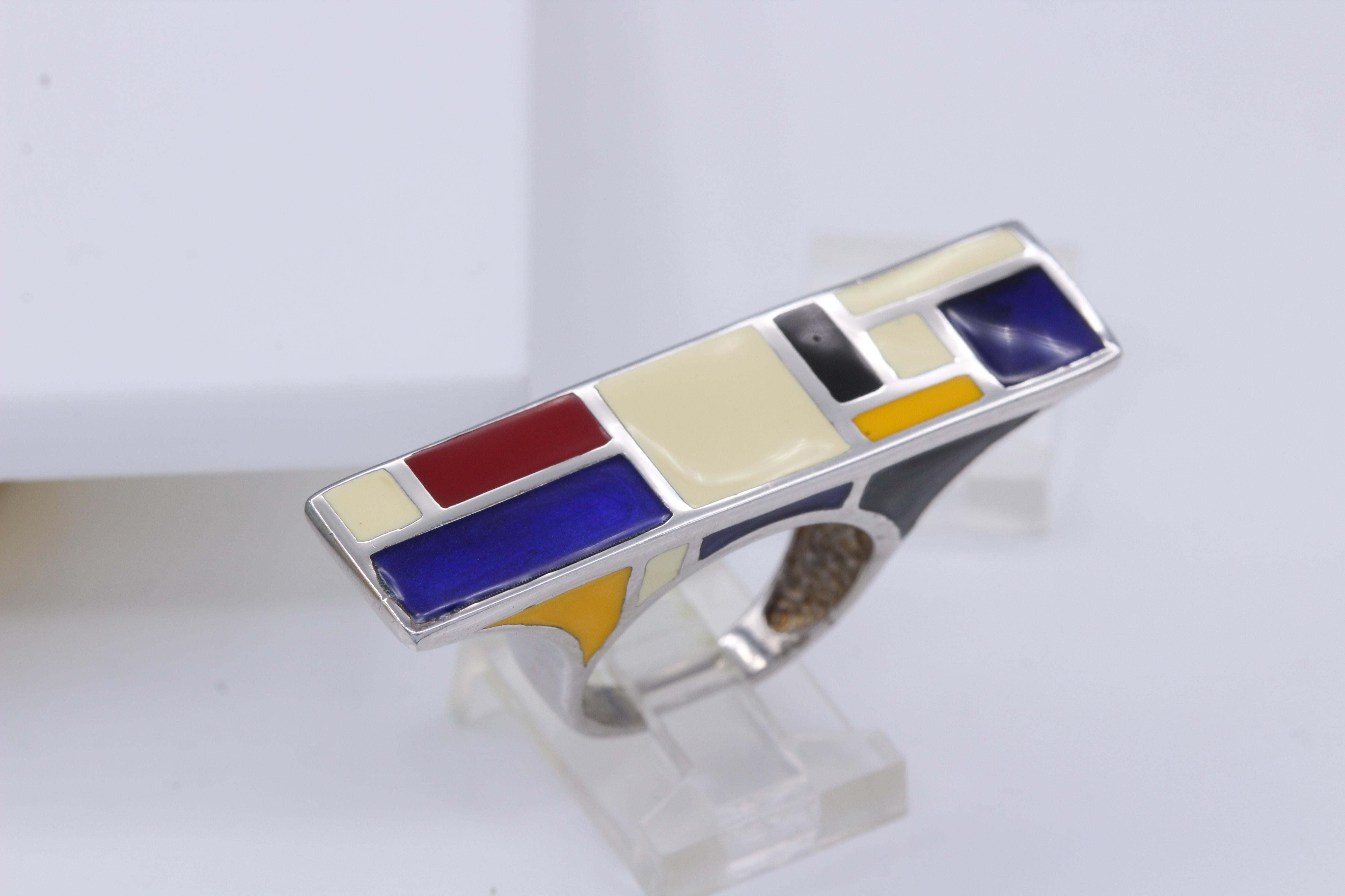 Art Ring Sterling Silver famous artist Mondrian Enamel Inspired Artistic Ring For Sale 7