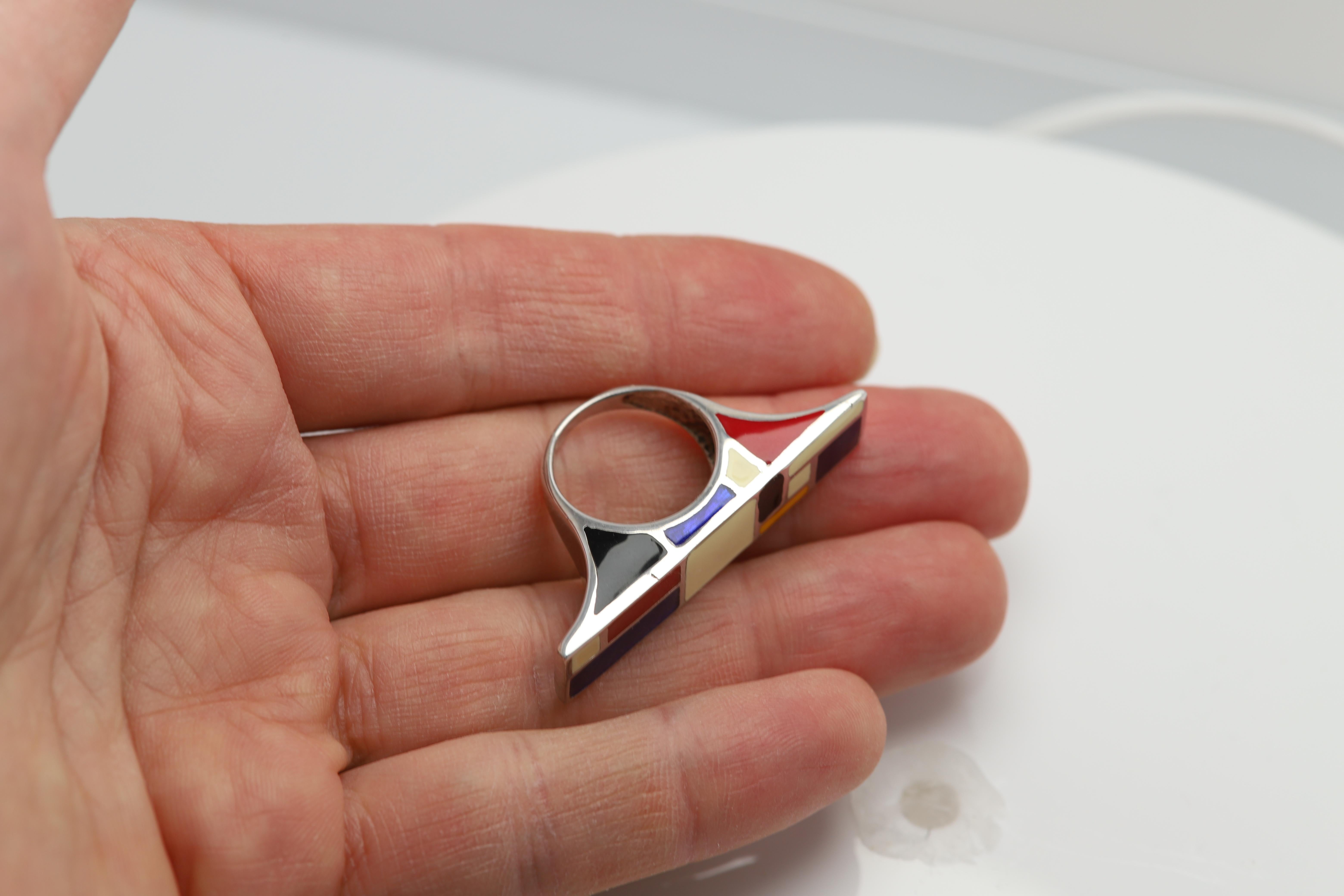 Art Ring Sterling Silver famous artist Mondrian Enamel Inspired Artistic Ring For Sale 8