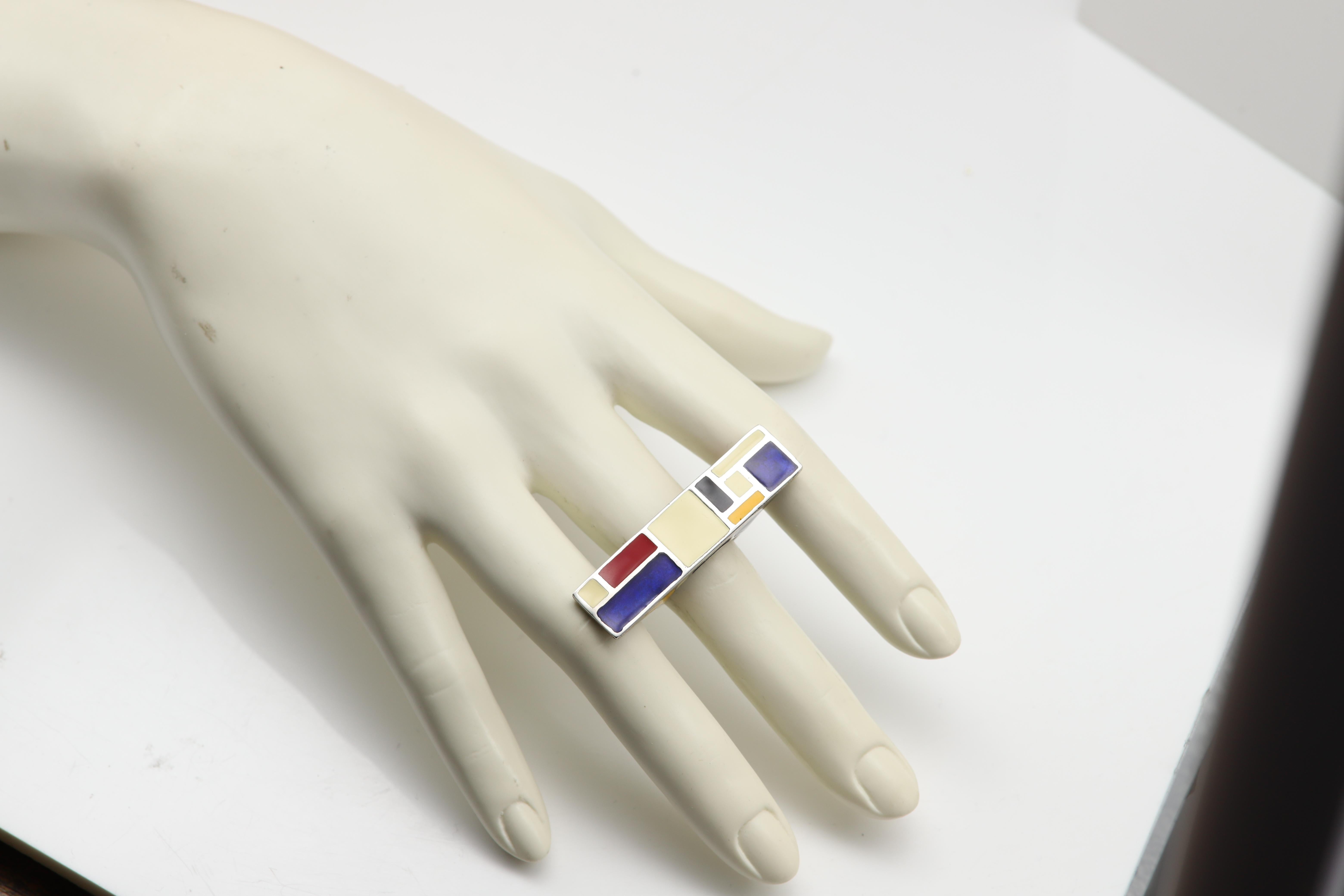 Art Ring Sterling Silver famous artist Mondrian Enamel Inspired Artistic Ring For Sale 9