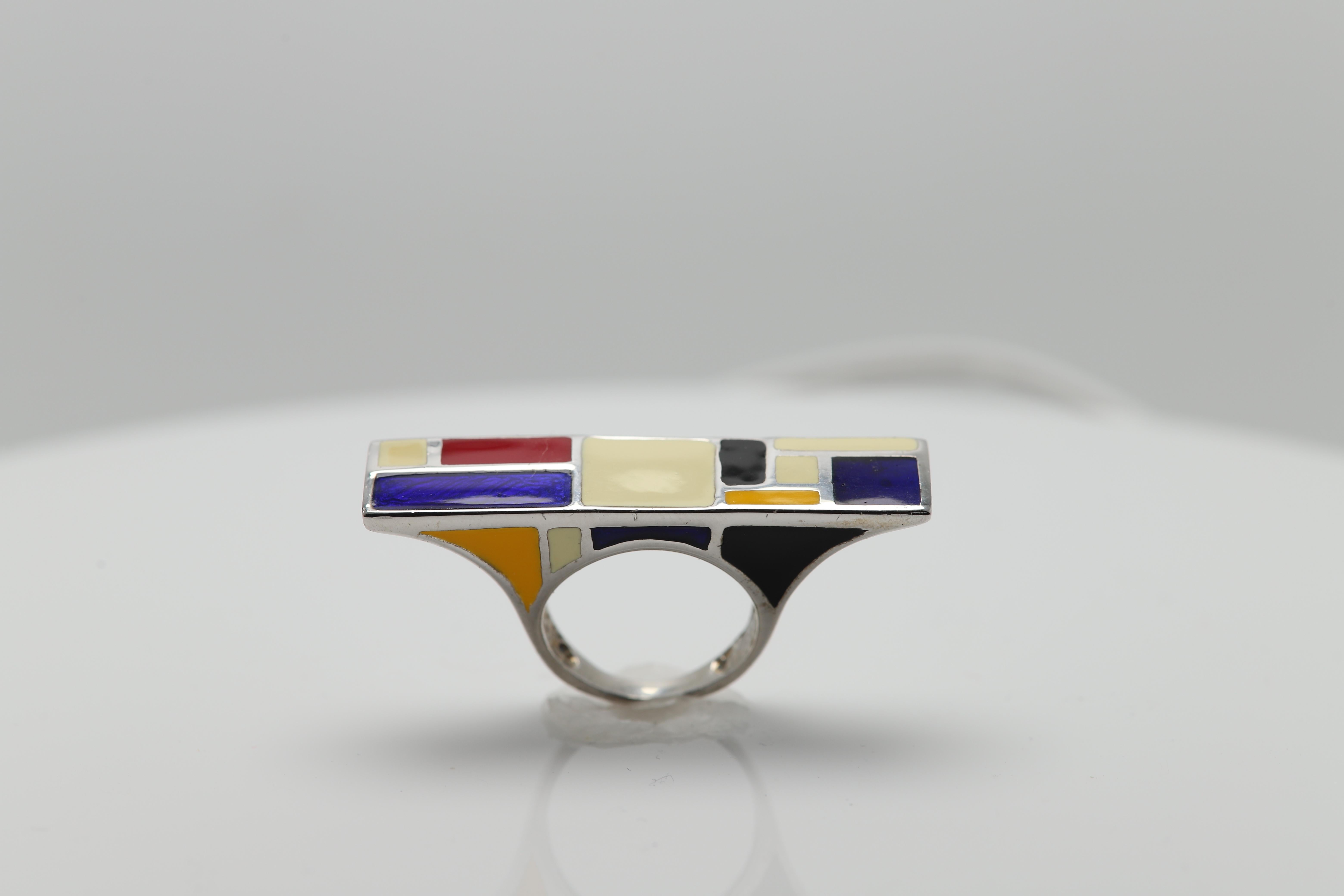 Art Ring Sterling Silver famous artist Mondrian Enamel Inspired Artistic Ring For Sale 10