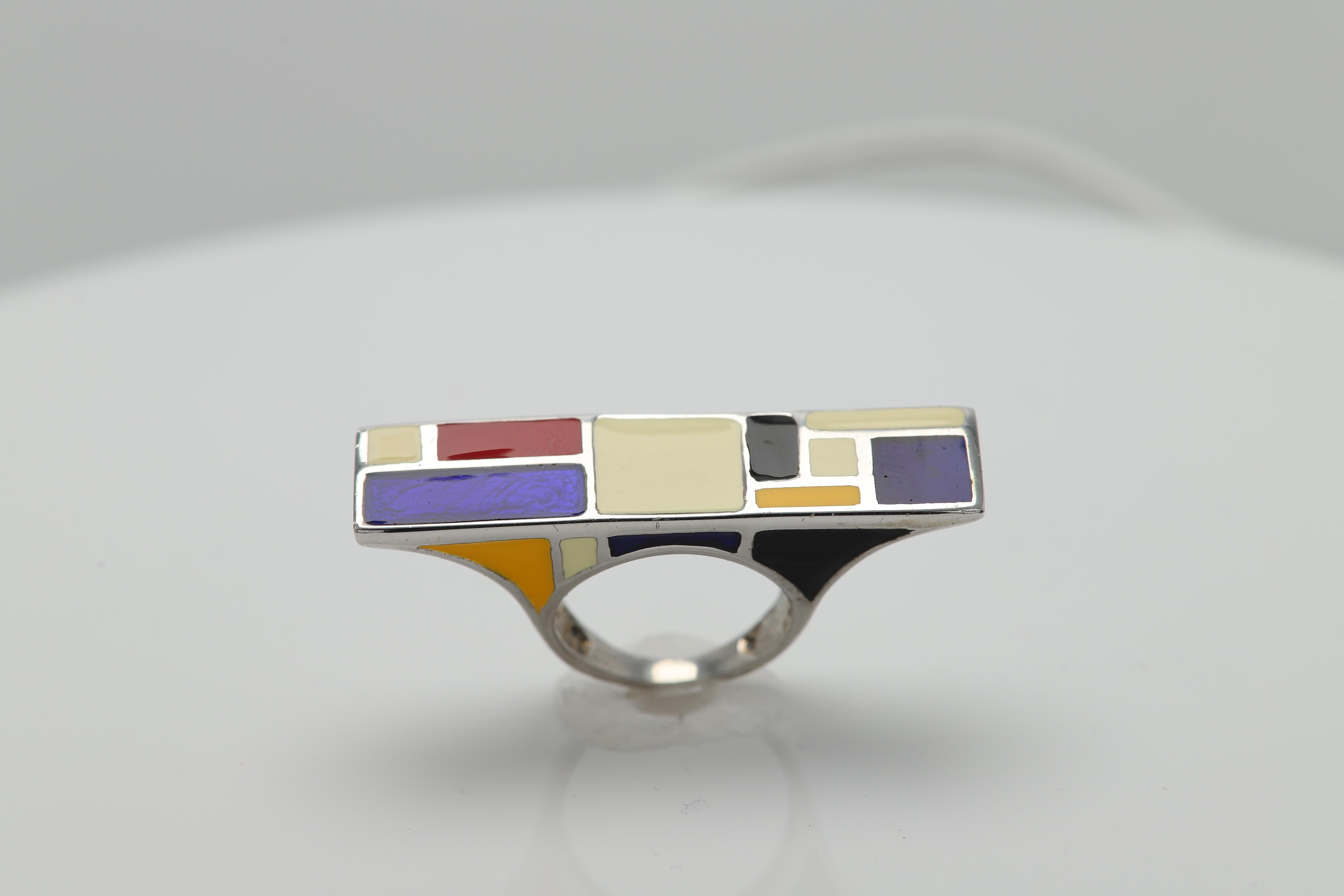 Art Ring Sterling Silver famous artist Mondrian Enamel Inspired Artistic Ring For Sale 11