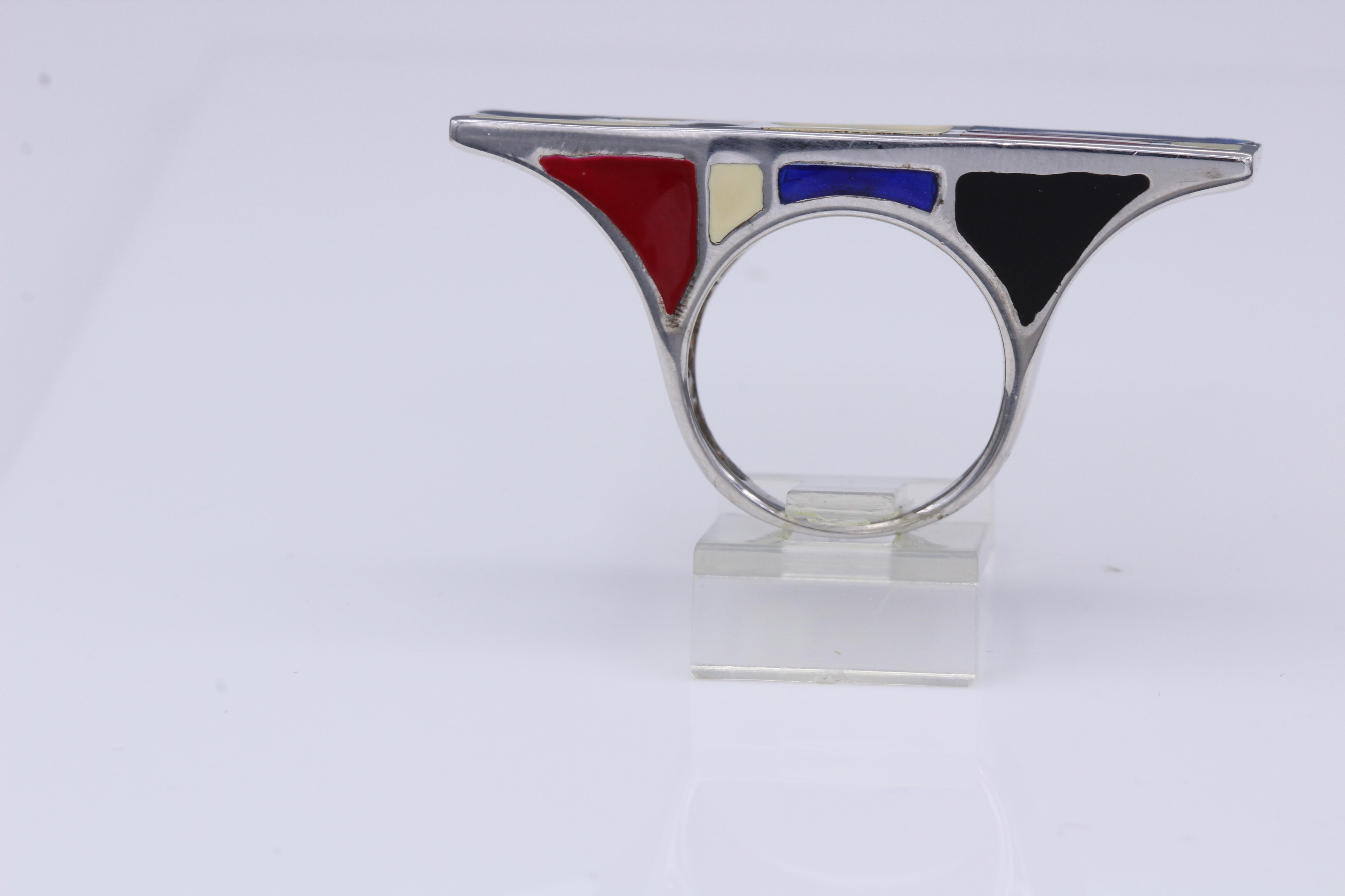 Art Ring Sterling Silver famous artist Mondrian Enamel Inspired Artistic Ring For Sale 5
