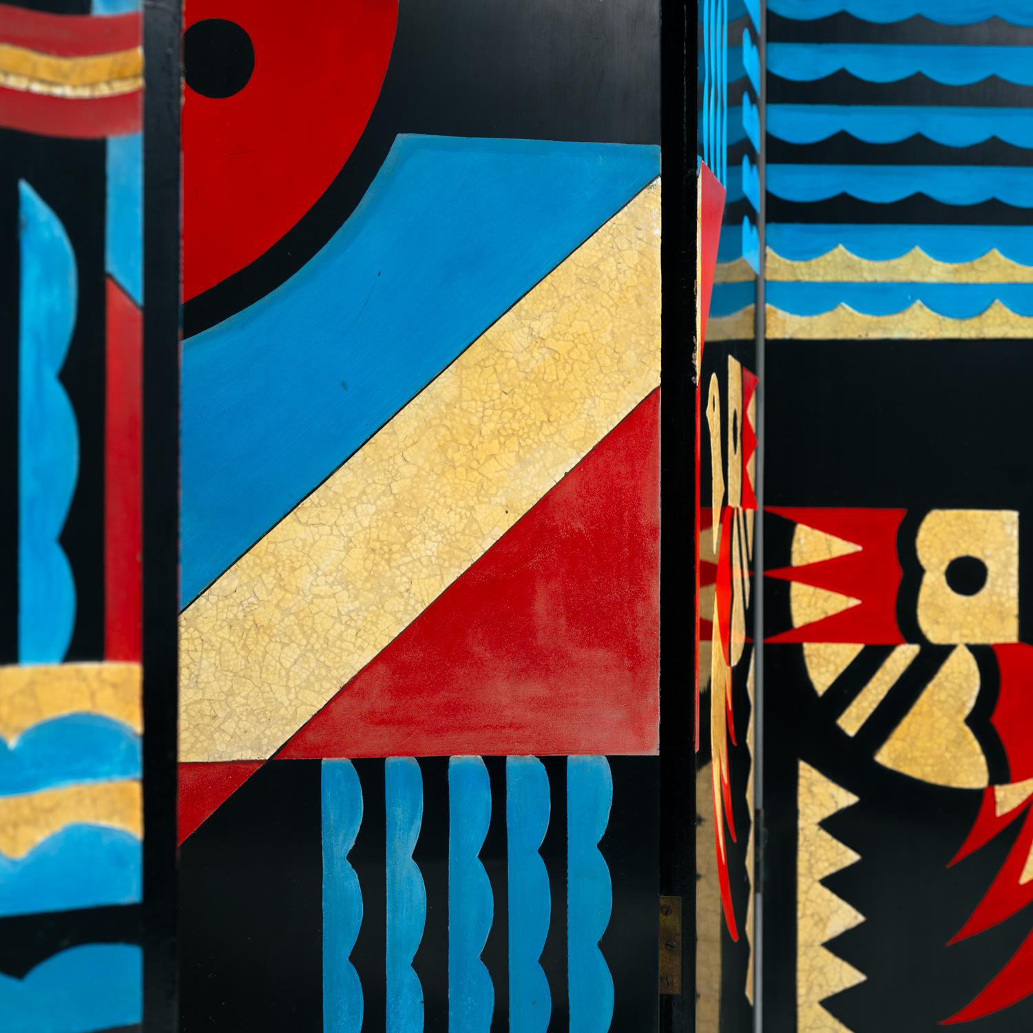 Separador de ambientes de estilo art déco con pájaros, motivos geométricos, rojo, amarillo, azul en venta 9