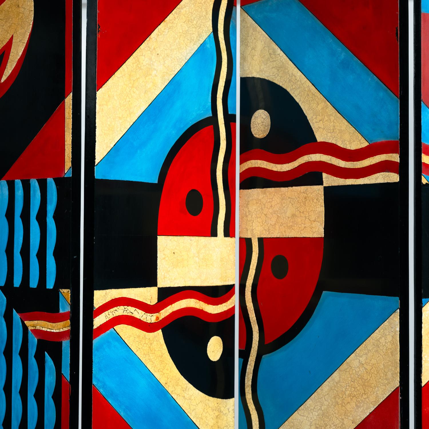 Separador de ambientes de estilo art déco con pájaros, motivos geométricos, rojo, amarillo, azul en venta 12