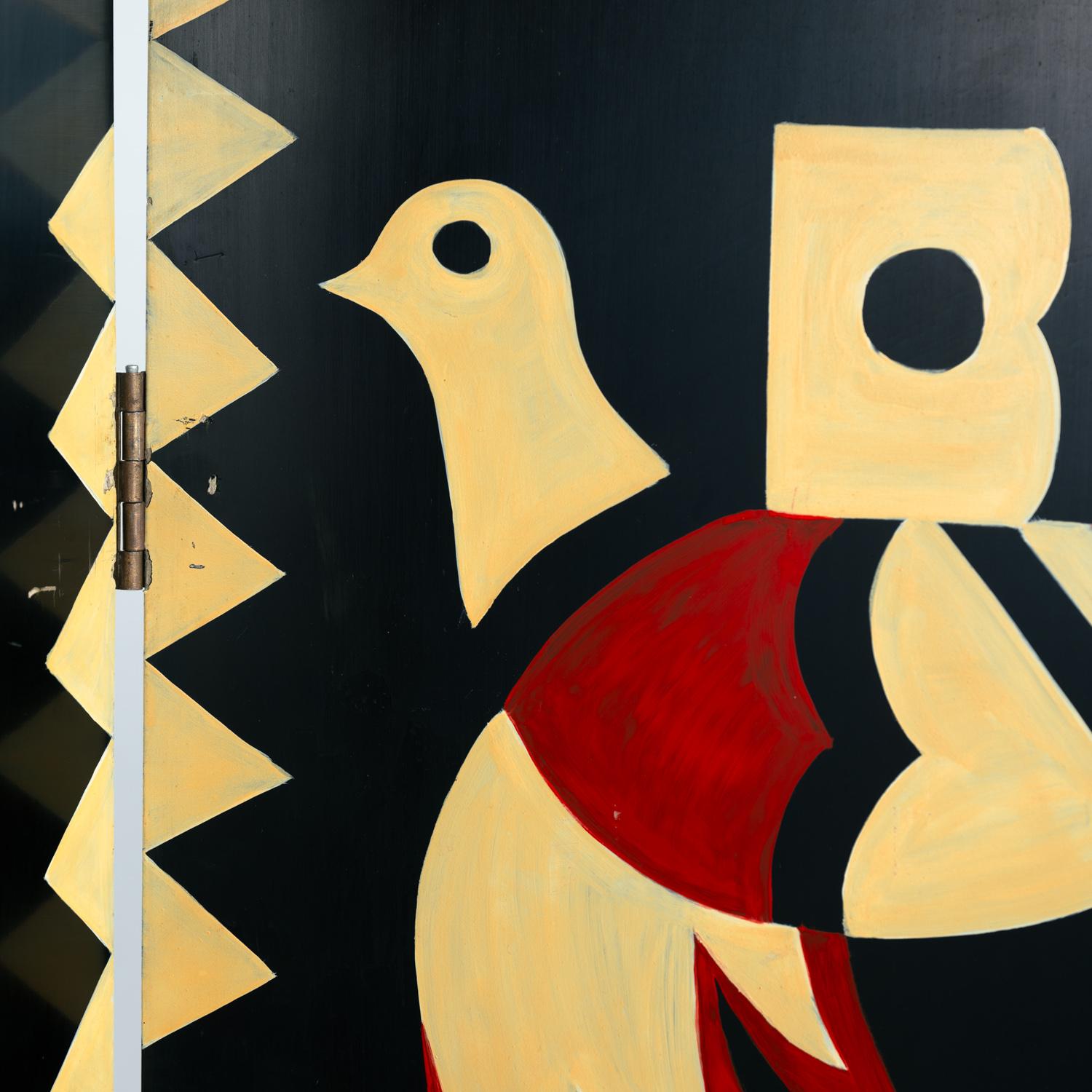Separador de ambientes de estilo art déco con pájaros, motivos geométricos, rojo, amarillo, azul finales del siglo XX en venta