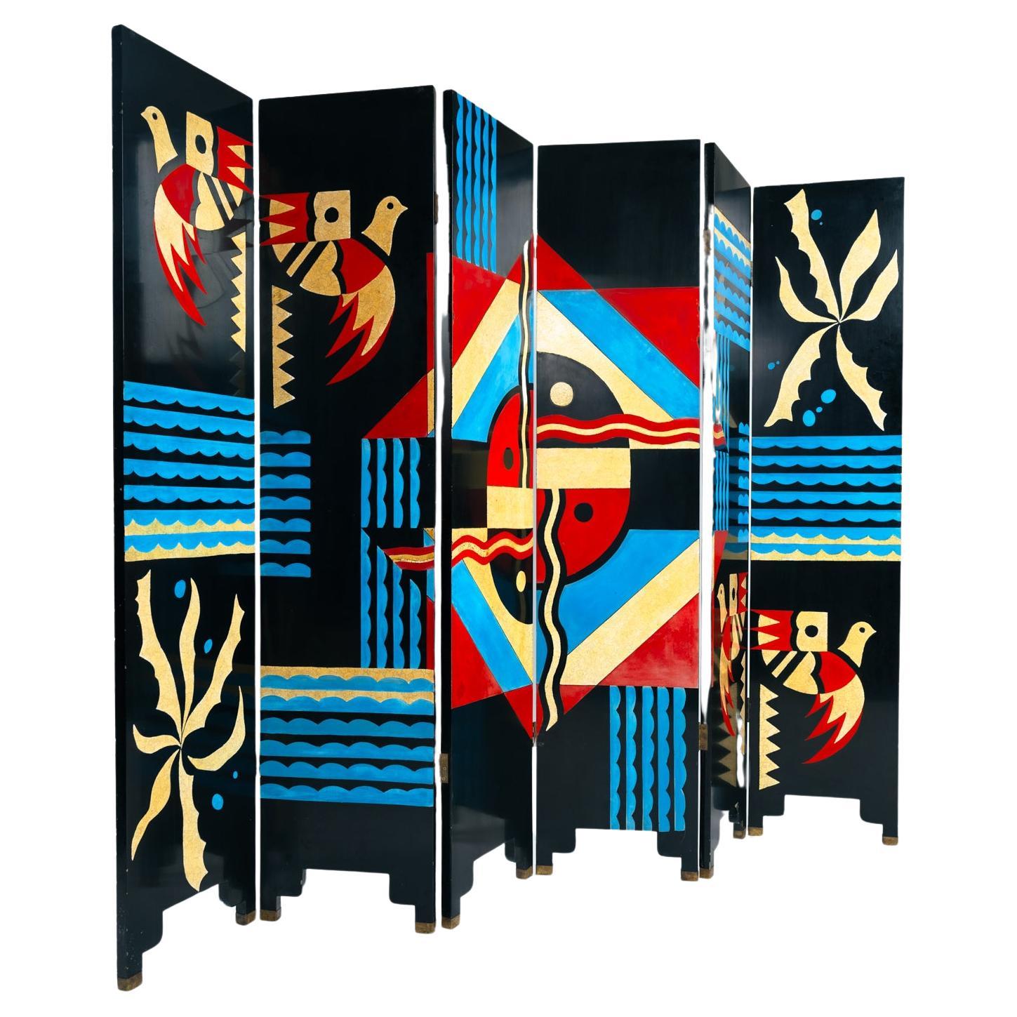 Art screen paravent room divider with birds and geometric patterns, 1970s For Sale