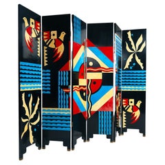 Used Art screen paravent room divider with birds and geometric patterns, 1970s