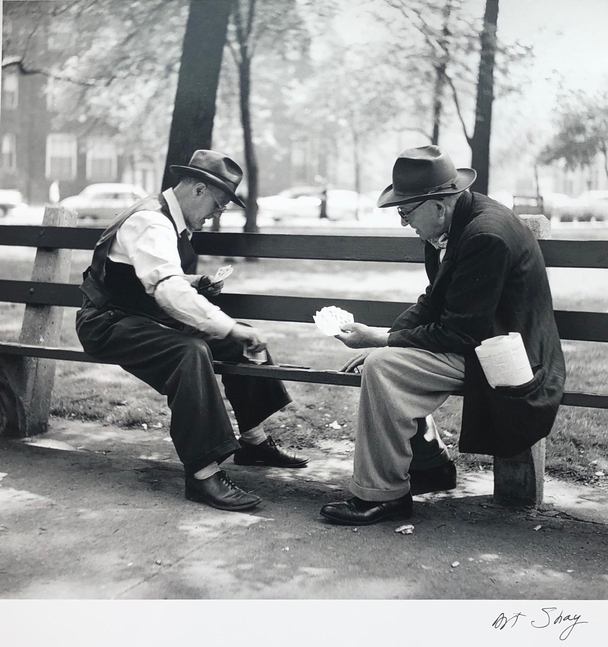 Art Shay Figurative Photograph - Card Players, Two Gentleman on a Park Bench circa 1953, Black & White Photograph