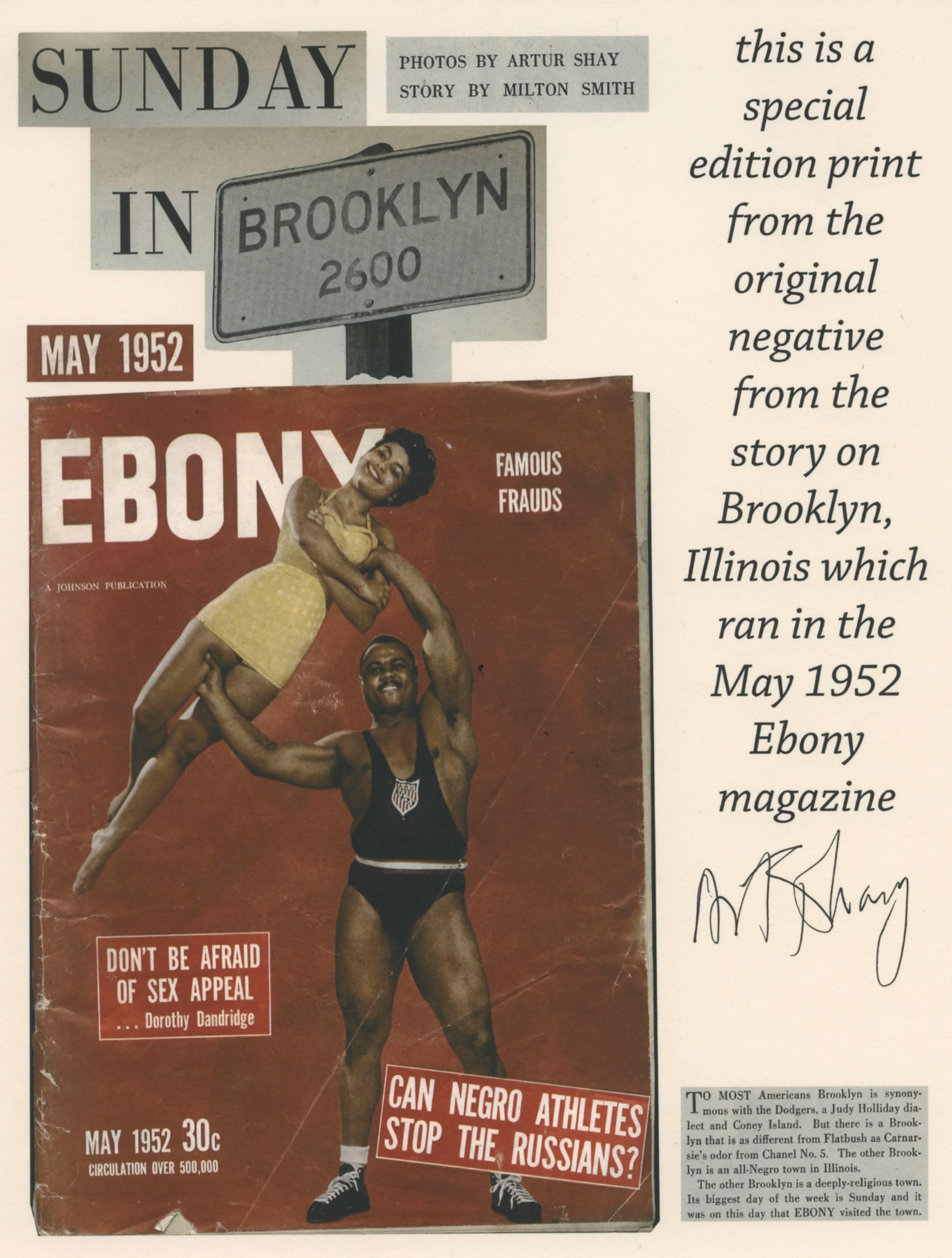 Art Shay
Brooklyn: Sisters, 1952
silver gelatin print
24.25 x 20.25 framed
ASY103

Art Shay photographed the community of Brooklyn, IL for Ebony Magazine, 1952.  These photographs are the result of  that experience.
Brooklyn (popularly known as