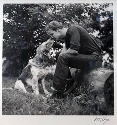 Marlon Brando Kissing Dog, Libertyville, IL 1950 - Black & White Photograph