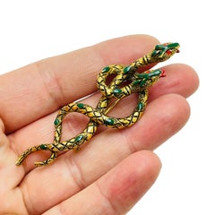 ART signed gold tone enamel rhinestone snake designer brooch