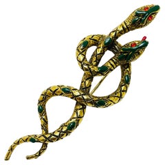 ART signed gold tone enamel rhinestone snake designer brooch