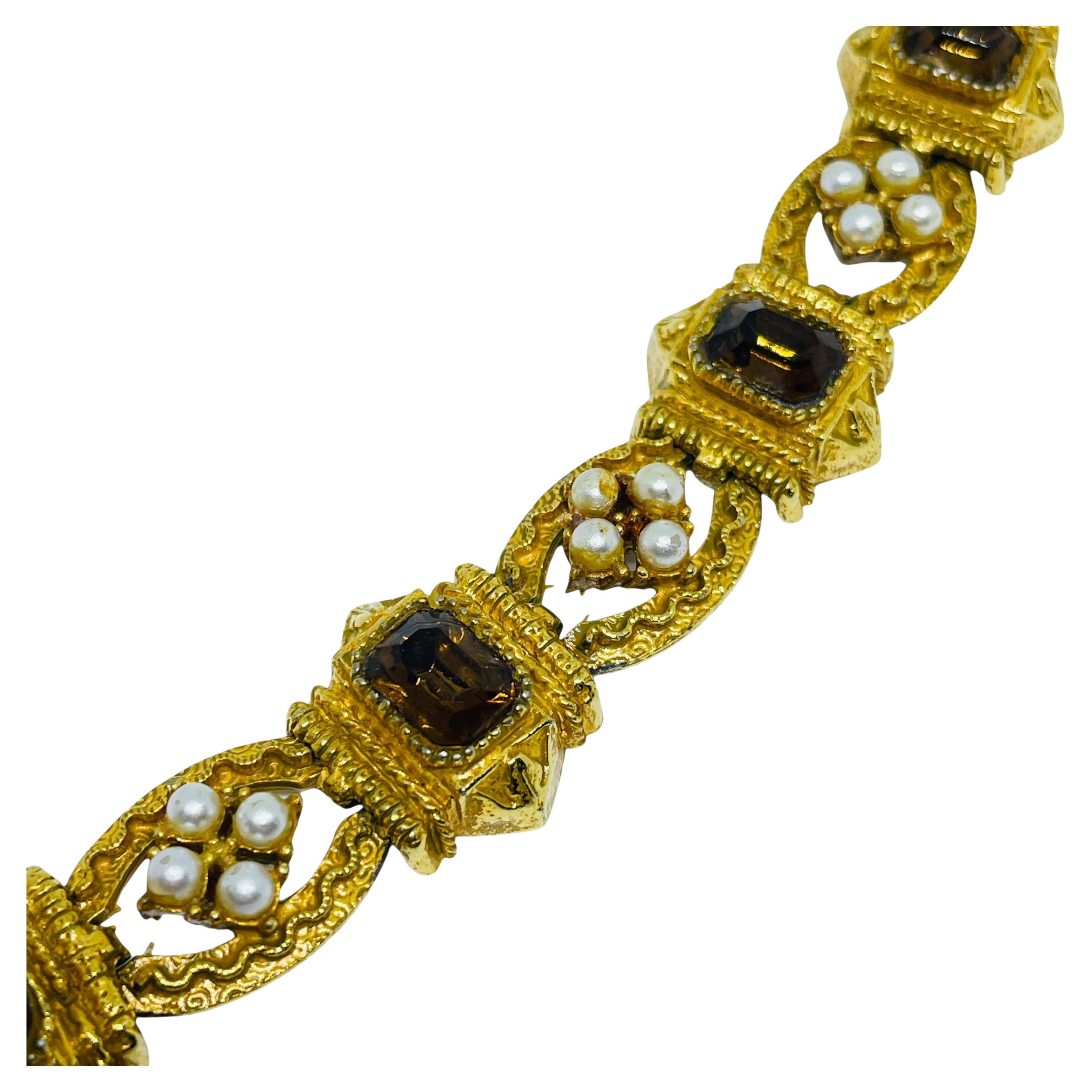 ART signed vintage amber glass faux pearls designer link bracelet For Sale