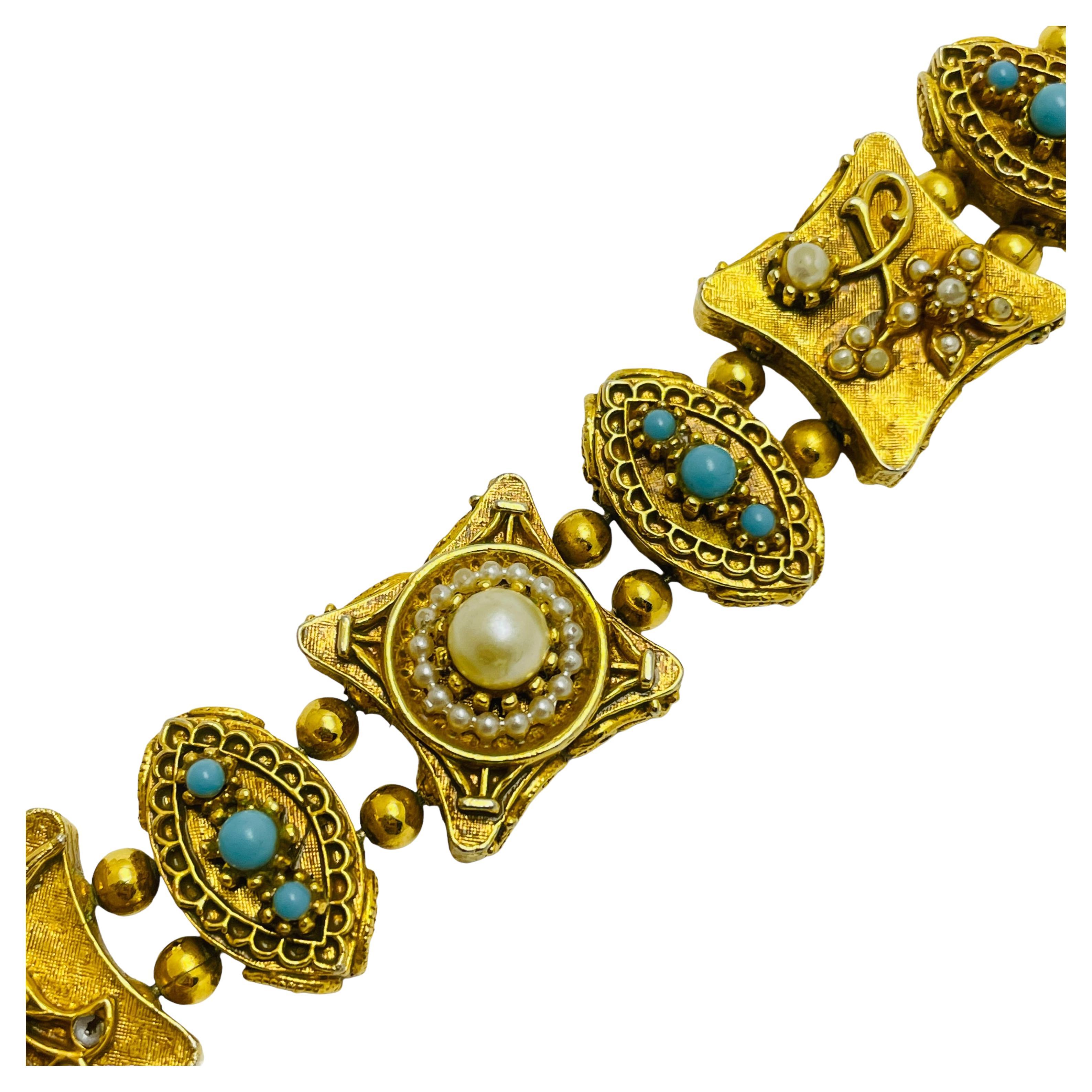 ART signiert Vintage Gold Ton faux Perlen Türkis Designer-Armband