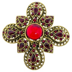ART signed vintage gold tone Maltese cross red rhinestones glass designer brooch