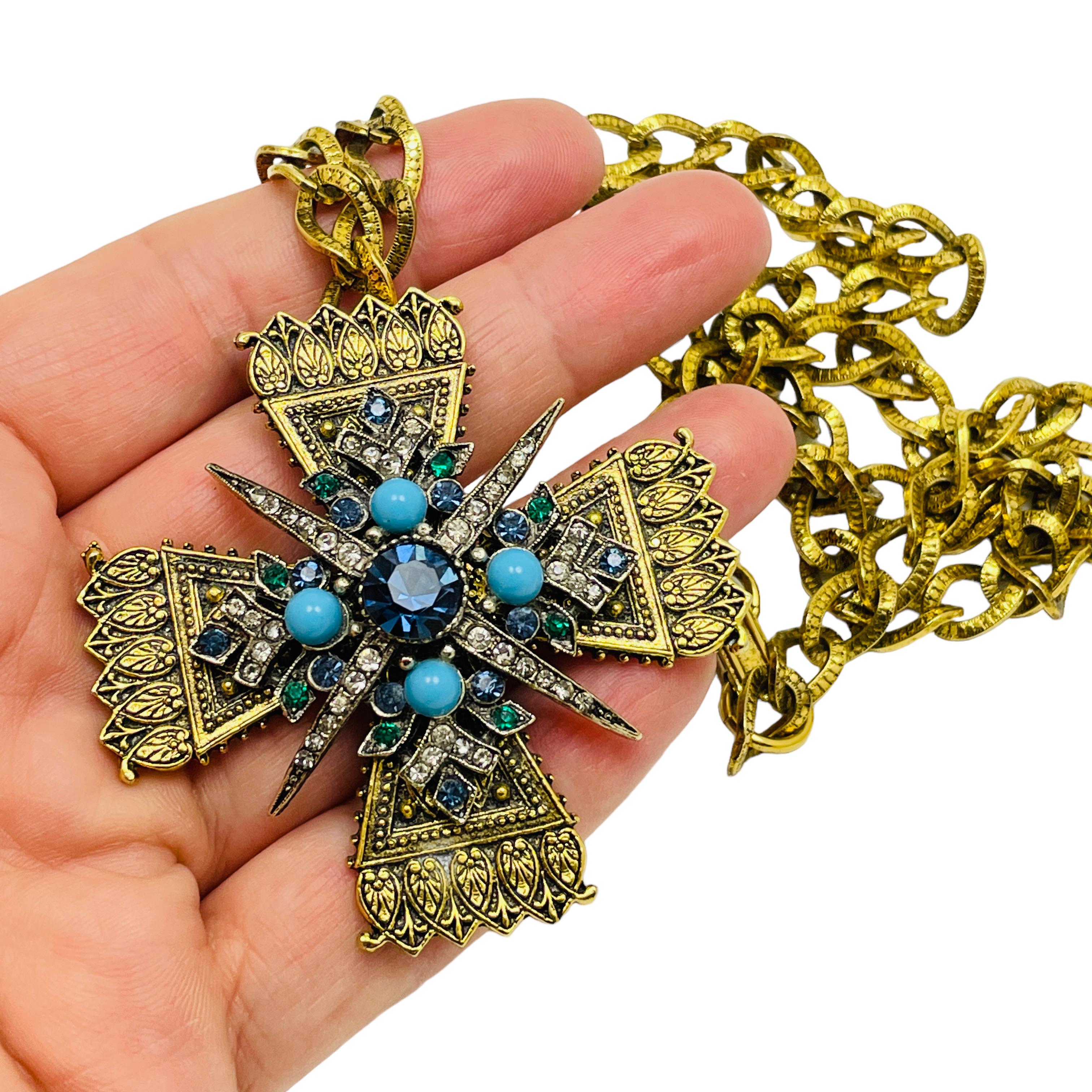 ART signiert Vintage Gold Ton Malteserkreuz Türkis Designer Halskette Brosche im Angebot 1