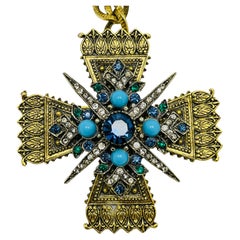 ART signed Vintage gold tone Maltese cross turquoise designer necklace brooch