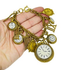 ART signed vintage gold tone watch charms chain designer bracelet
