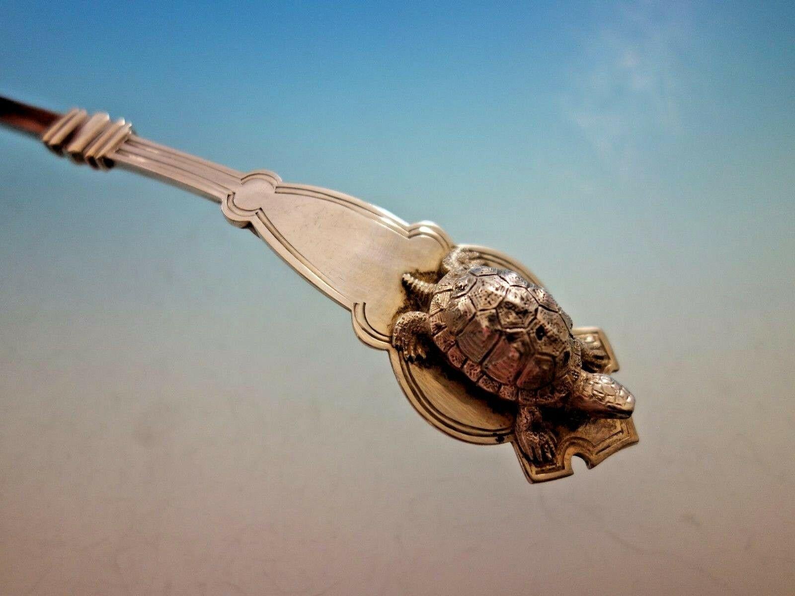 Art silver, circa 1860-1883

Sterling silver figural gravy ladle gold-washed, with 3D turtle 7 1/2