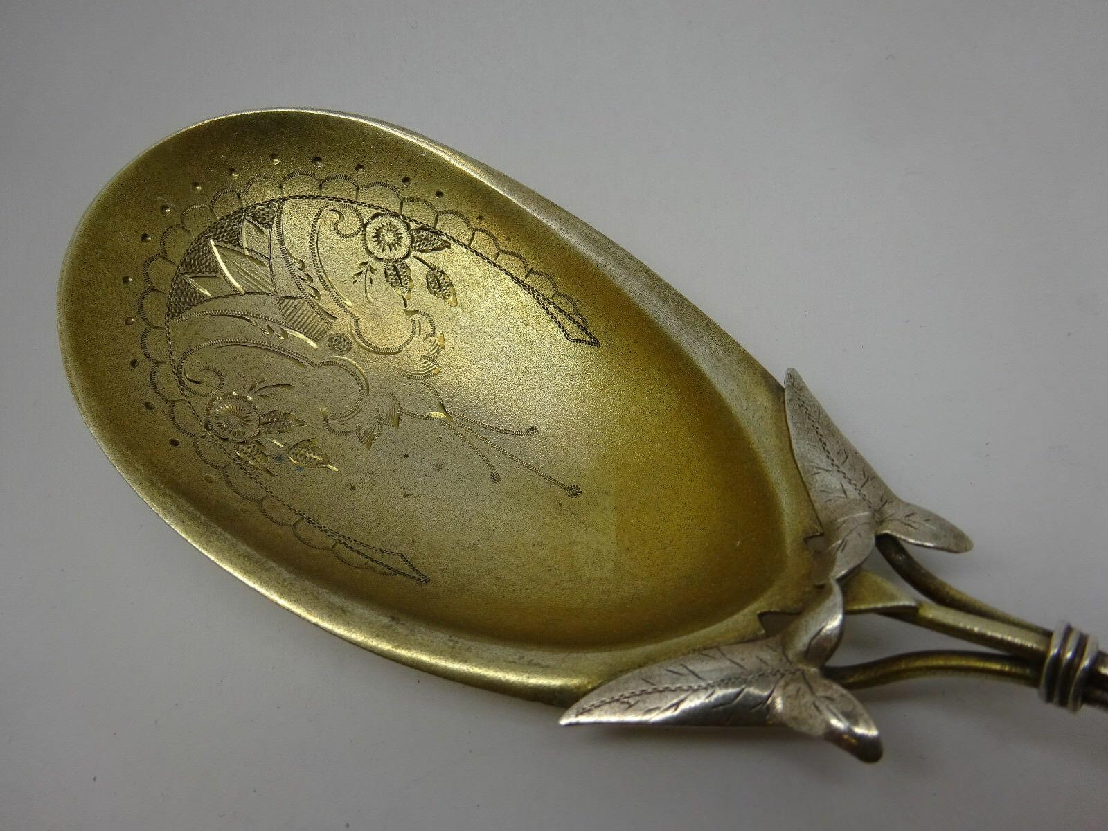 Art Silver Coin Silver 3D Flower Berry Spoon Bright-Cut circa 1865 GW Unmarked In Excellent Condition In Big Bend, WI