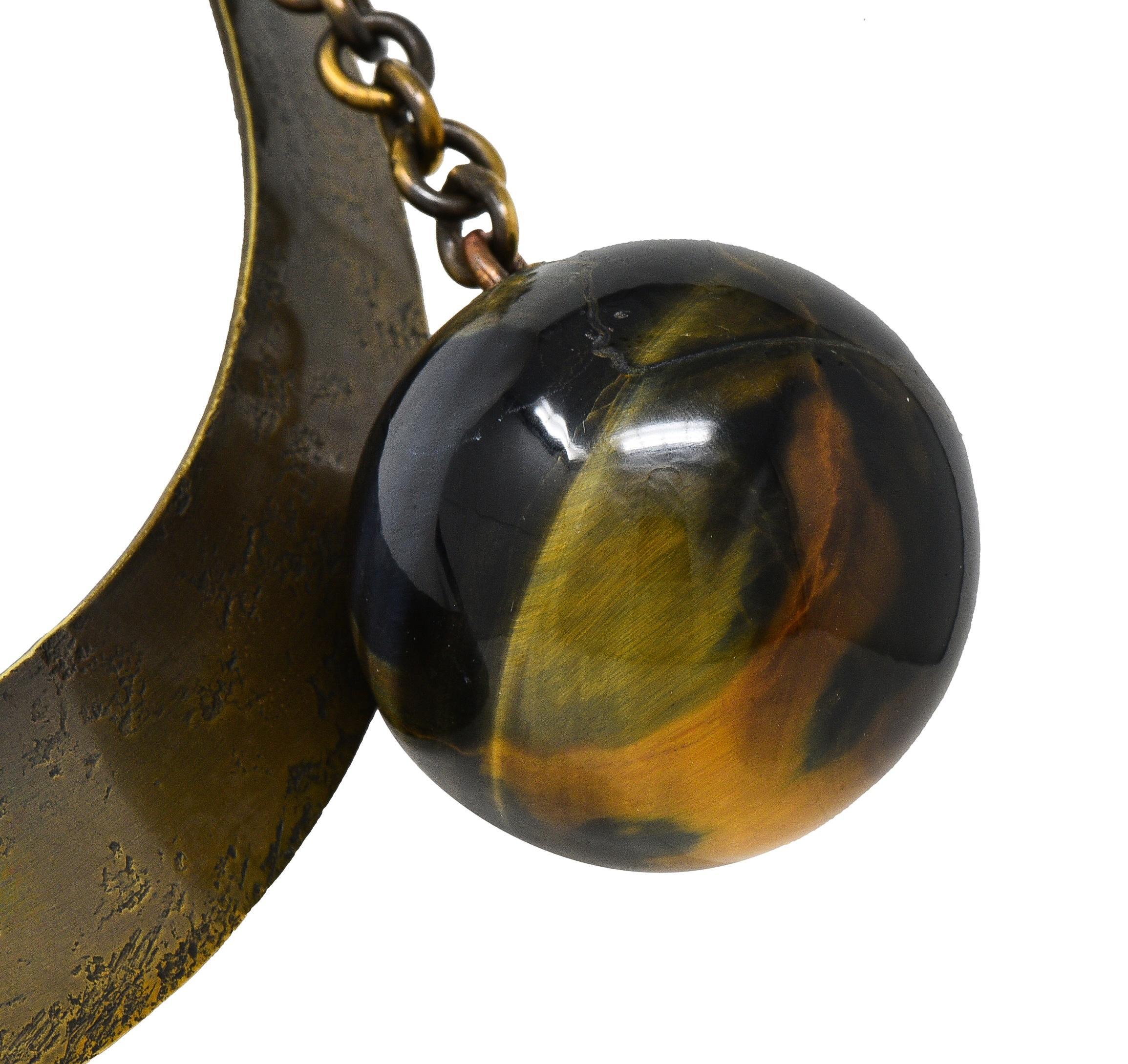 Art Smith 1950's Modernist Tiger's Eye Brass Sphere Vintage Collar Necklace For Sale 5