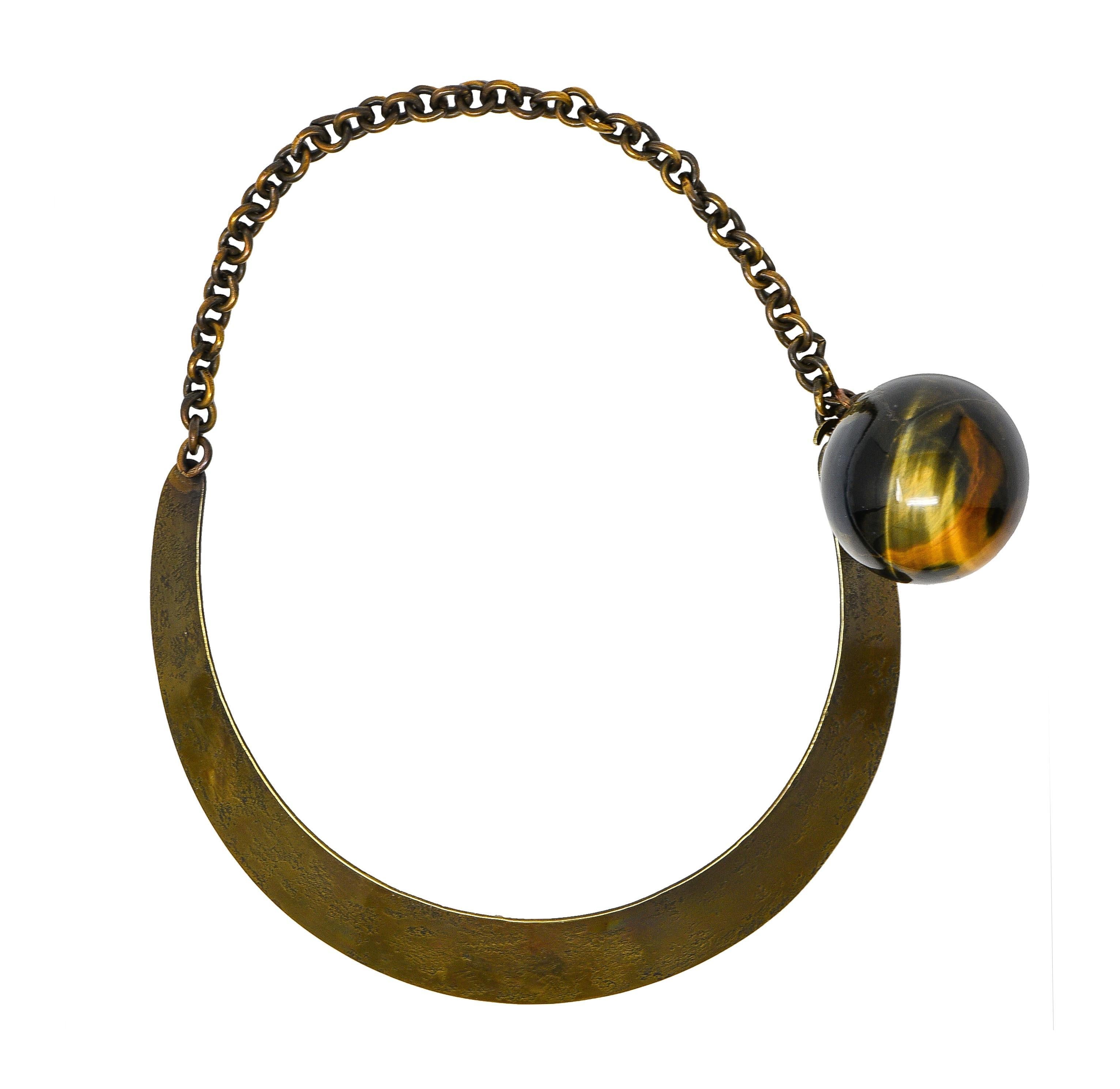 Women's or Men's Art Smith 1950's Modernist Tiger's Eye Brass Sphere Vintage Collar Necklace For Sale