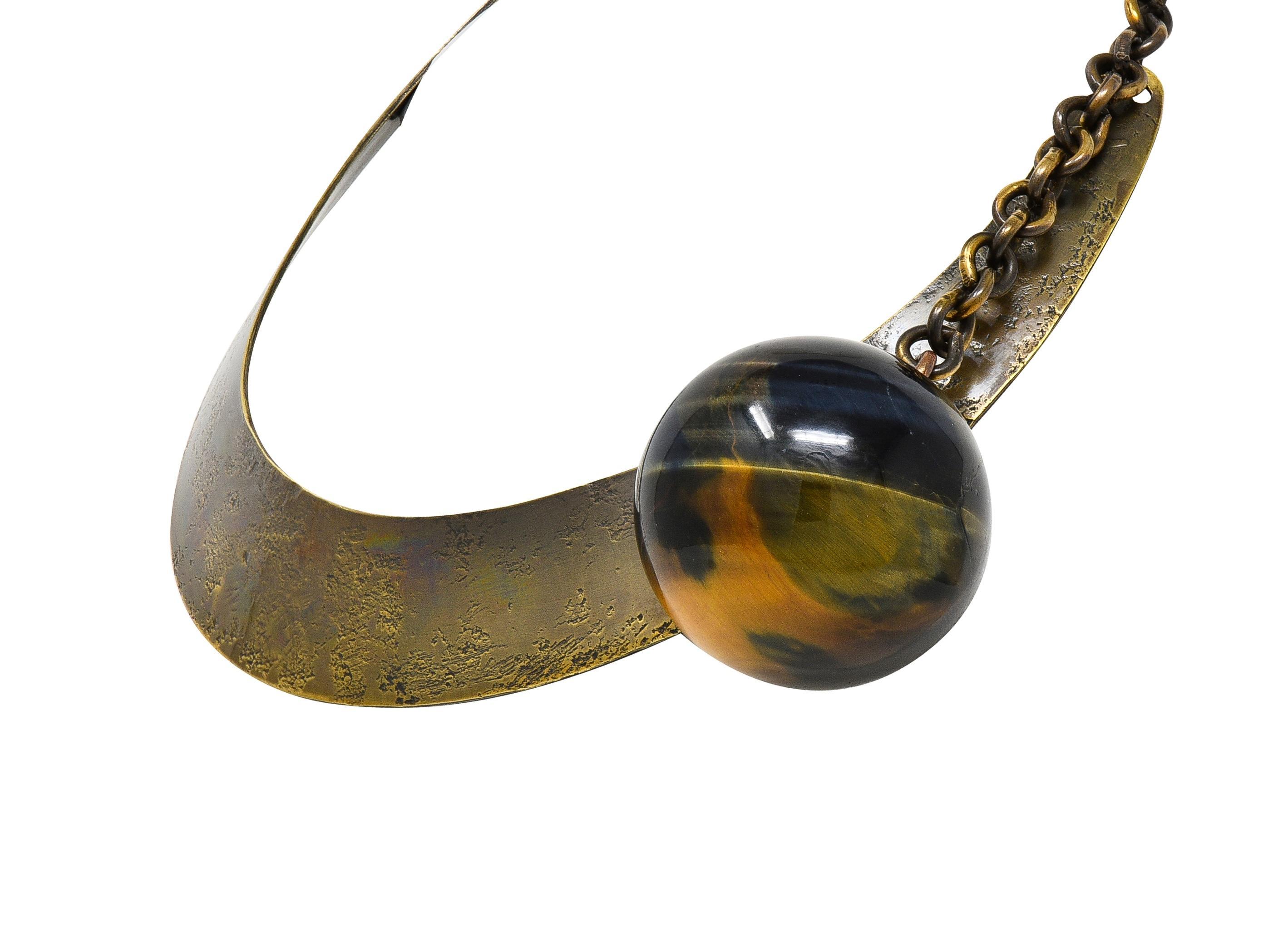 Art Smith 1950's Modernist Tiger's Eye Brass Sphere Vintage Collar Necklace For Sale 1