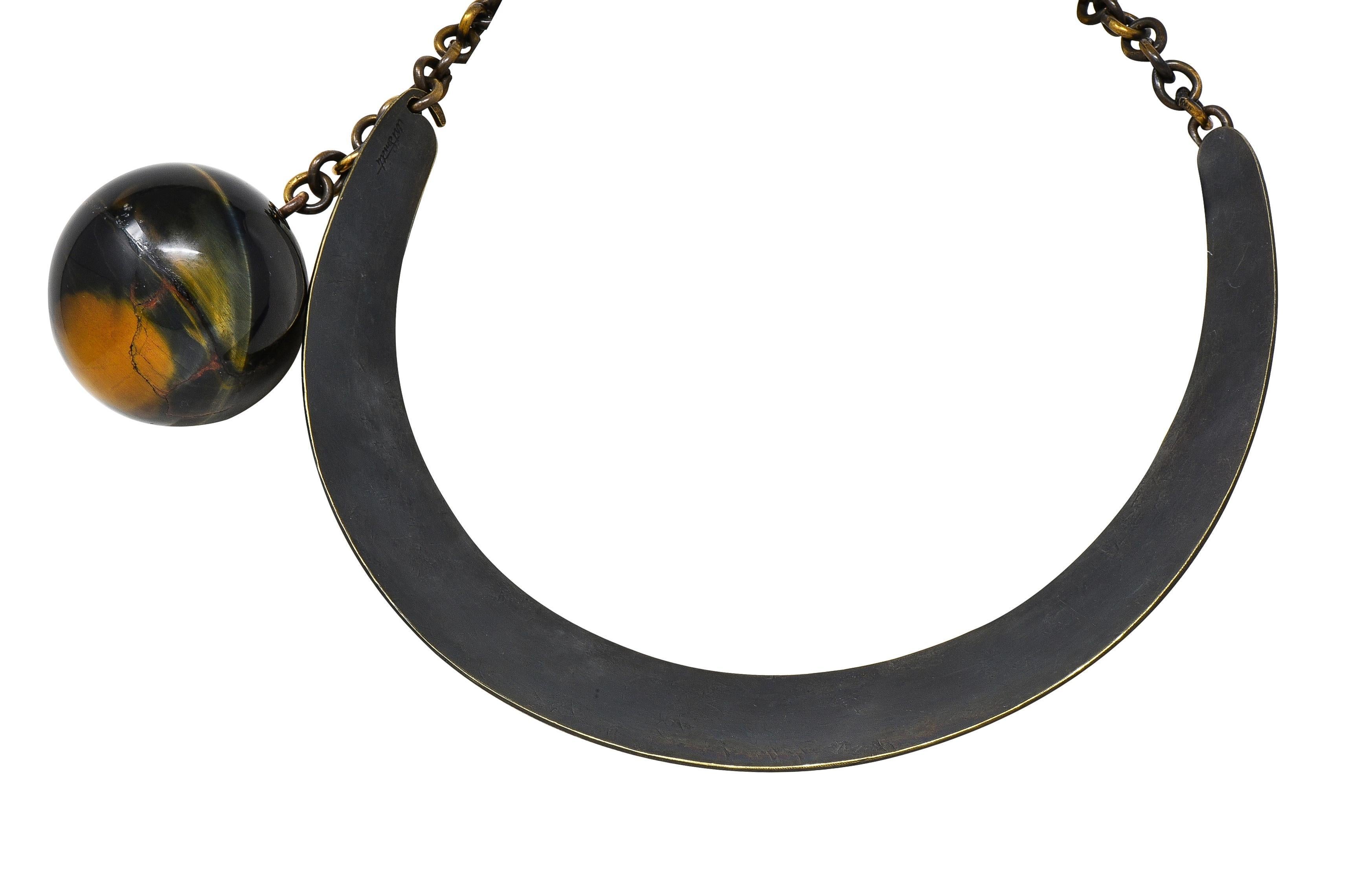 Art Smith 1950's Modernist Tiger's Eye Brass Sphere Vintage Collar Necklace For Sale 2