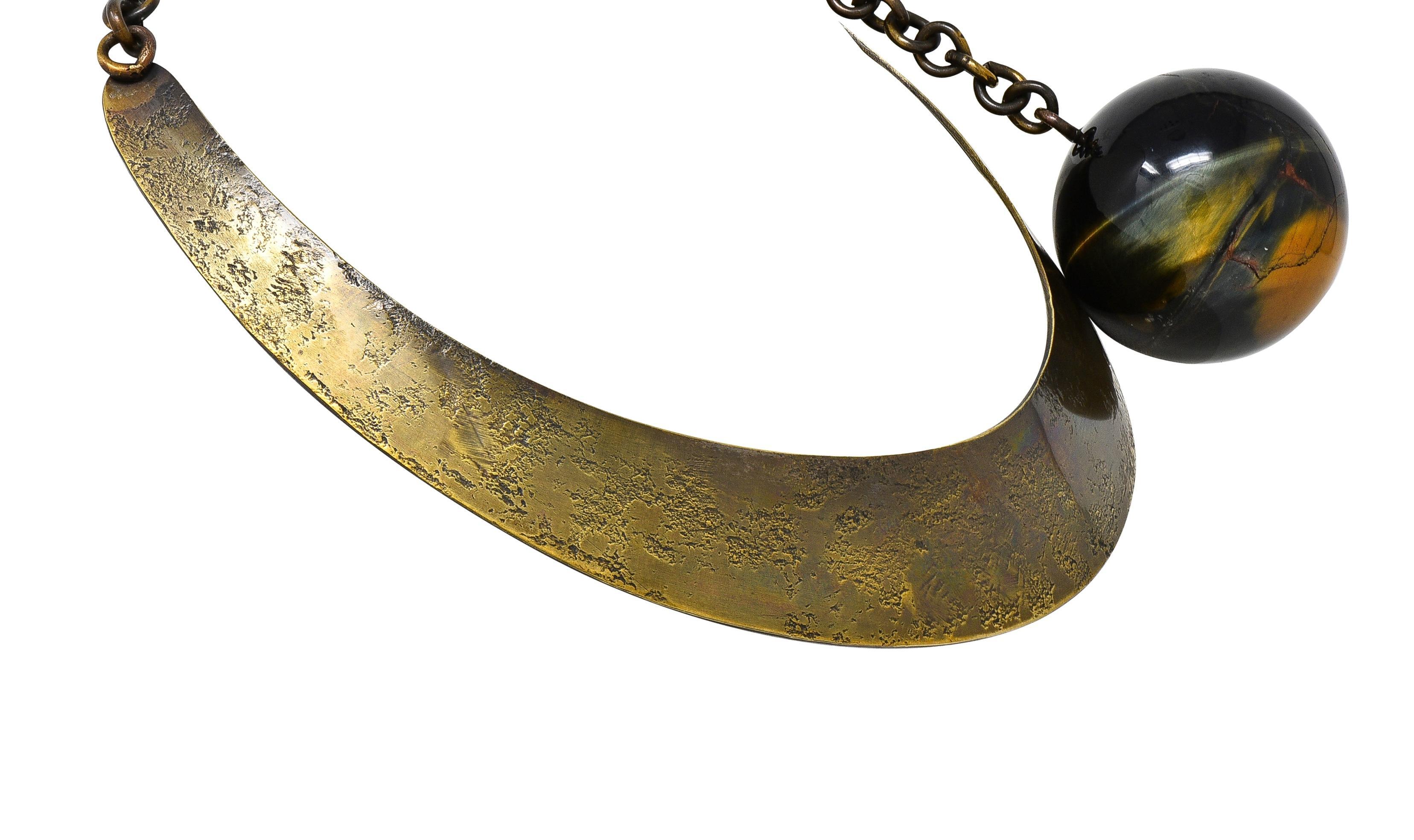 Art Smith 1950's Modernist Tiger's Eye Brass Sphere Vintage Collar Necklace For Sale 3