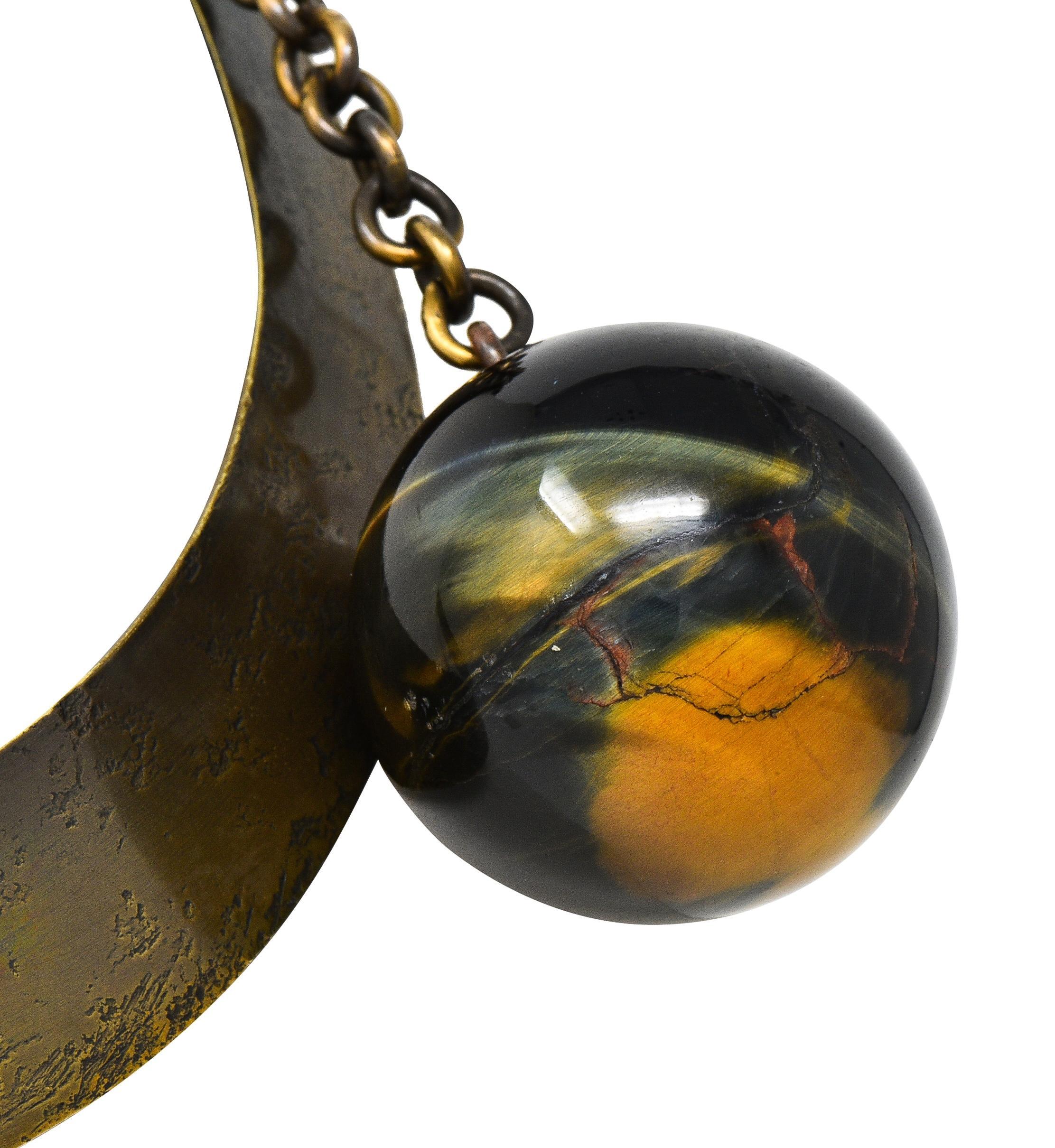 Art Smith 1950's Modernist Tiger's Eye Brass Sphere Vintage Collar Necklace For Sale 4