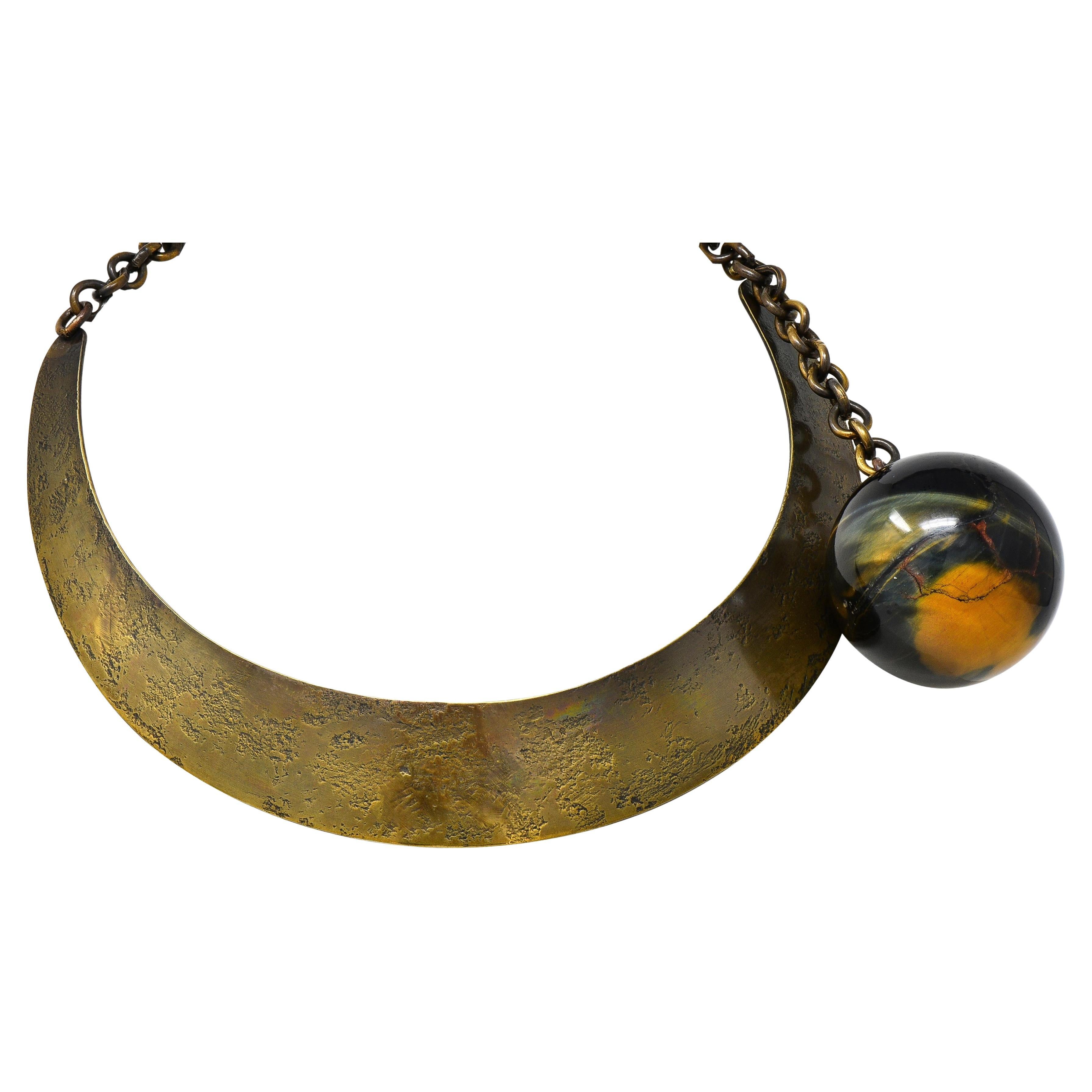 Art Smith 1950's Modernist Tiger's Eye Brass Sphere Vintage Collar Necklace For Sale