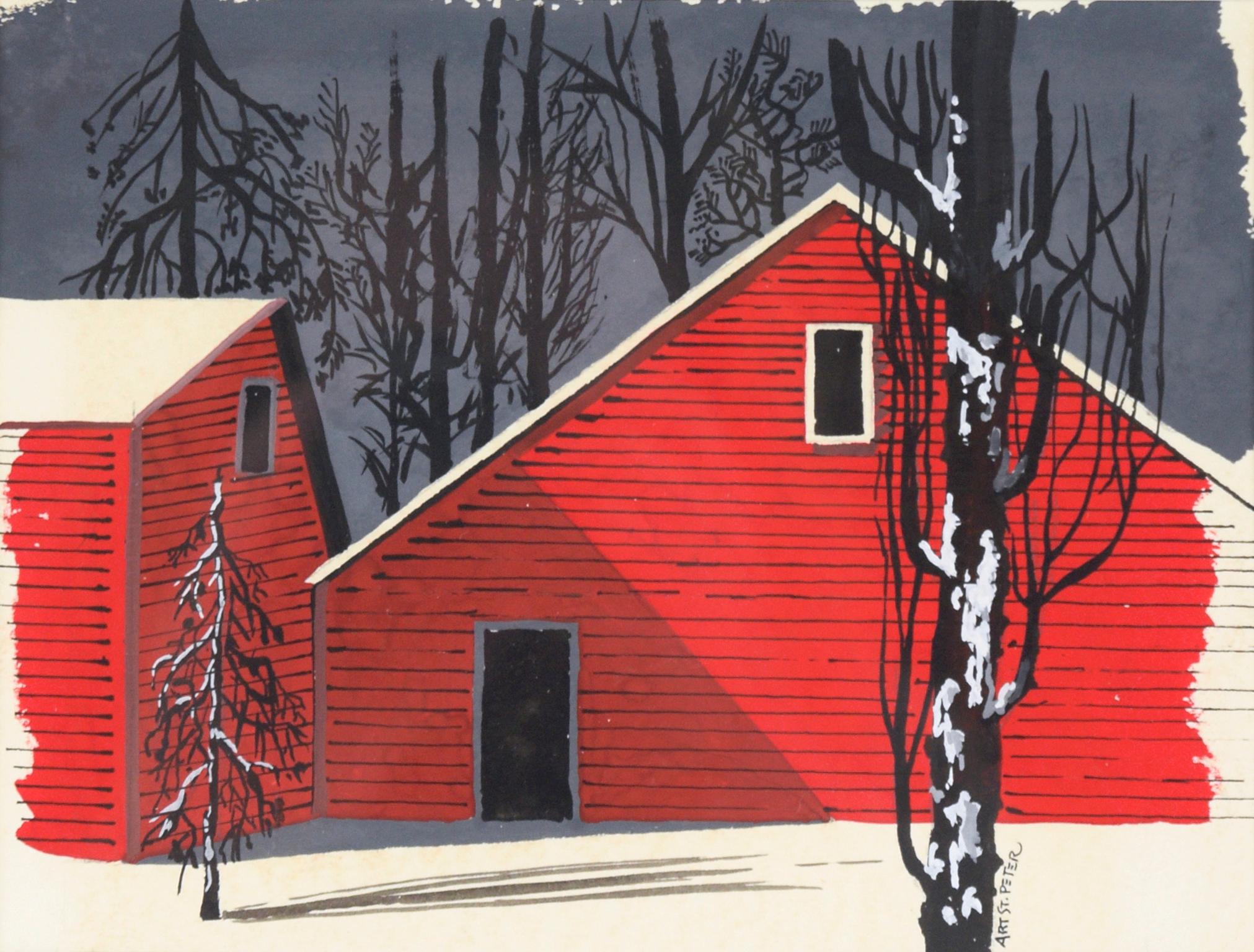 Red Barn in the Snow - Winter Landscape - Painting by Art St. Peter