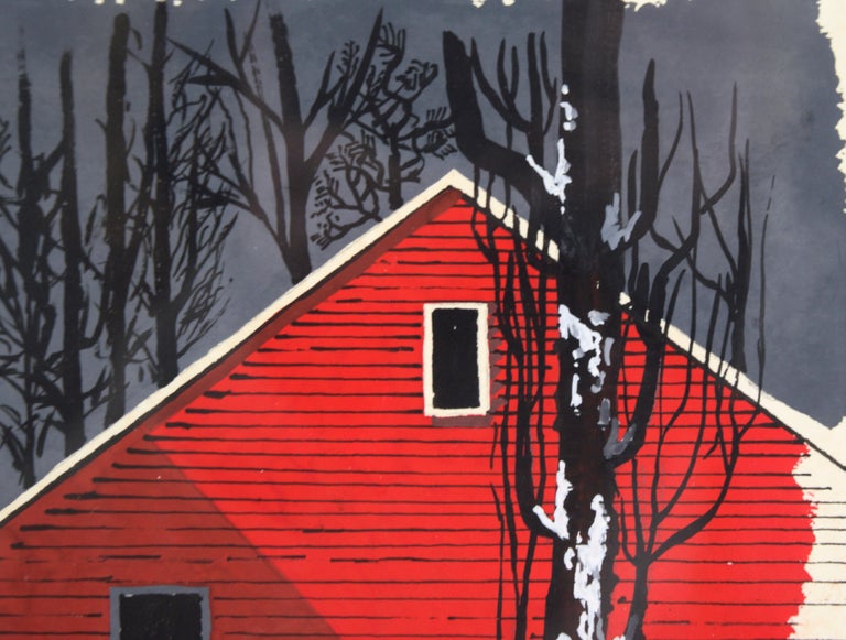 Red Barn in the Snow - Winter Landscape - Black Landscape Painting by Art St. Peter