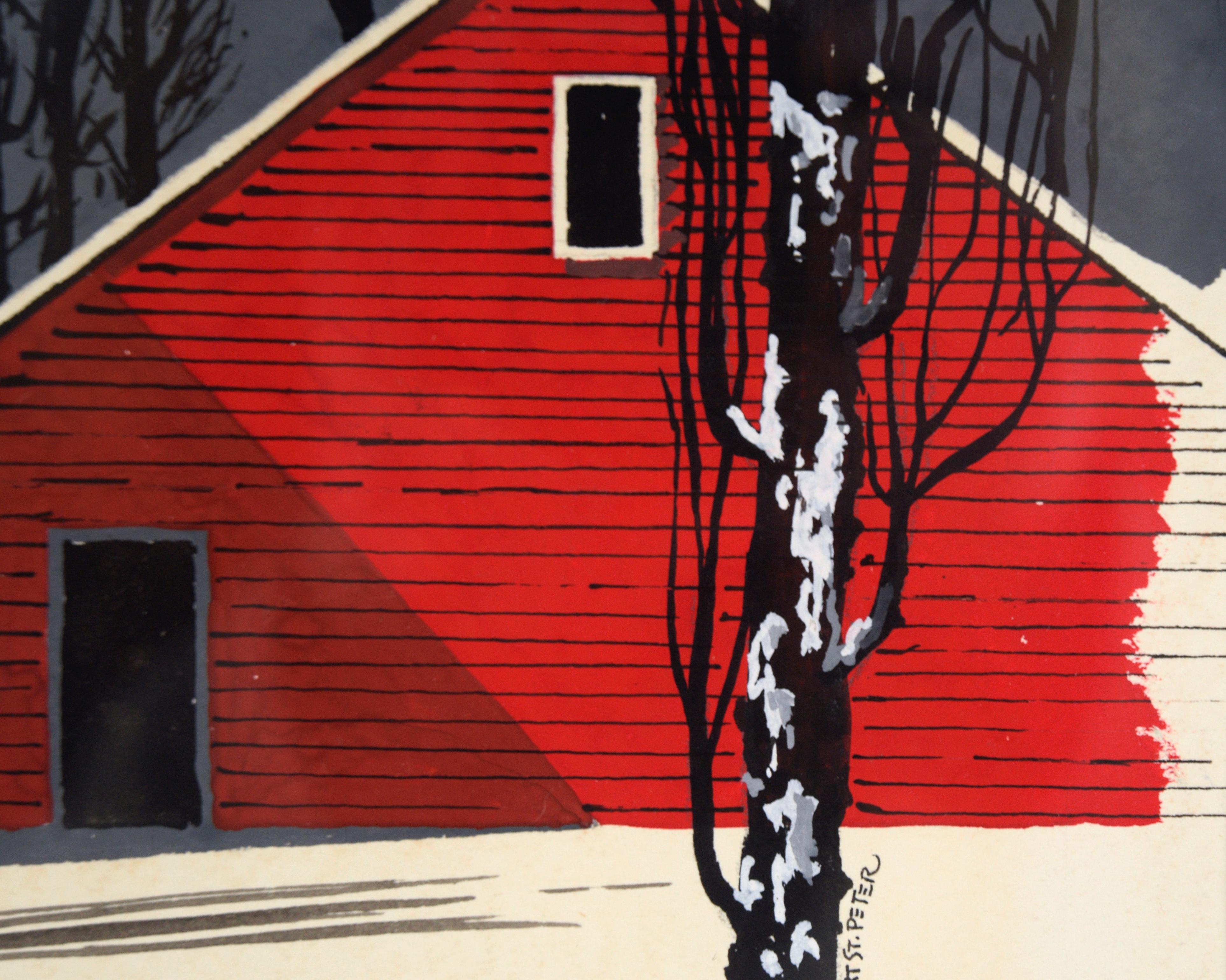 Red Barn in the Snow - Winter Landscape - Modern Painting by Art St. Peter
