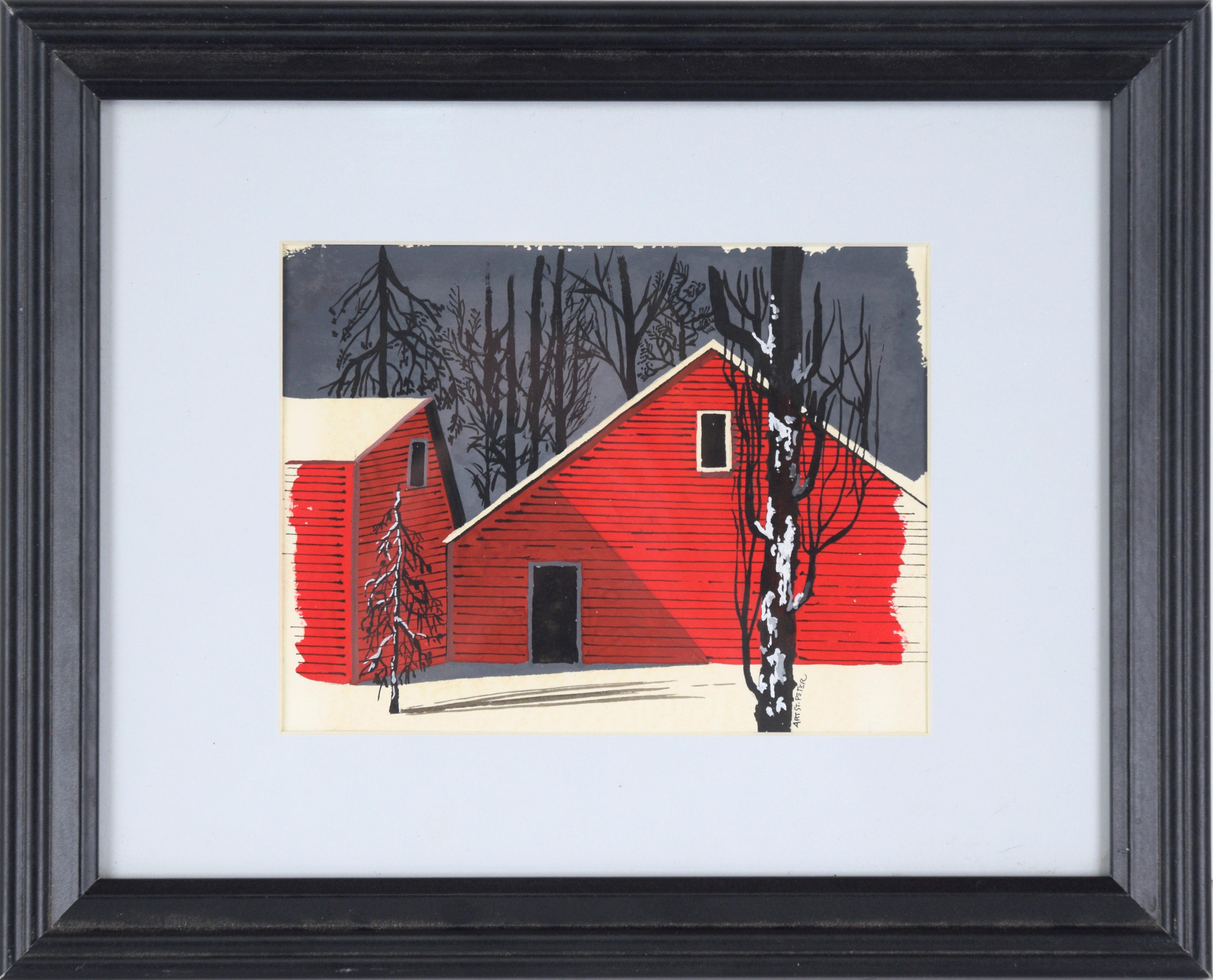 Art St. Peter - Red Barn in the Snow - Winter Landscape For Sale at 1stDibs