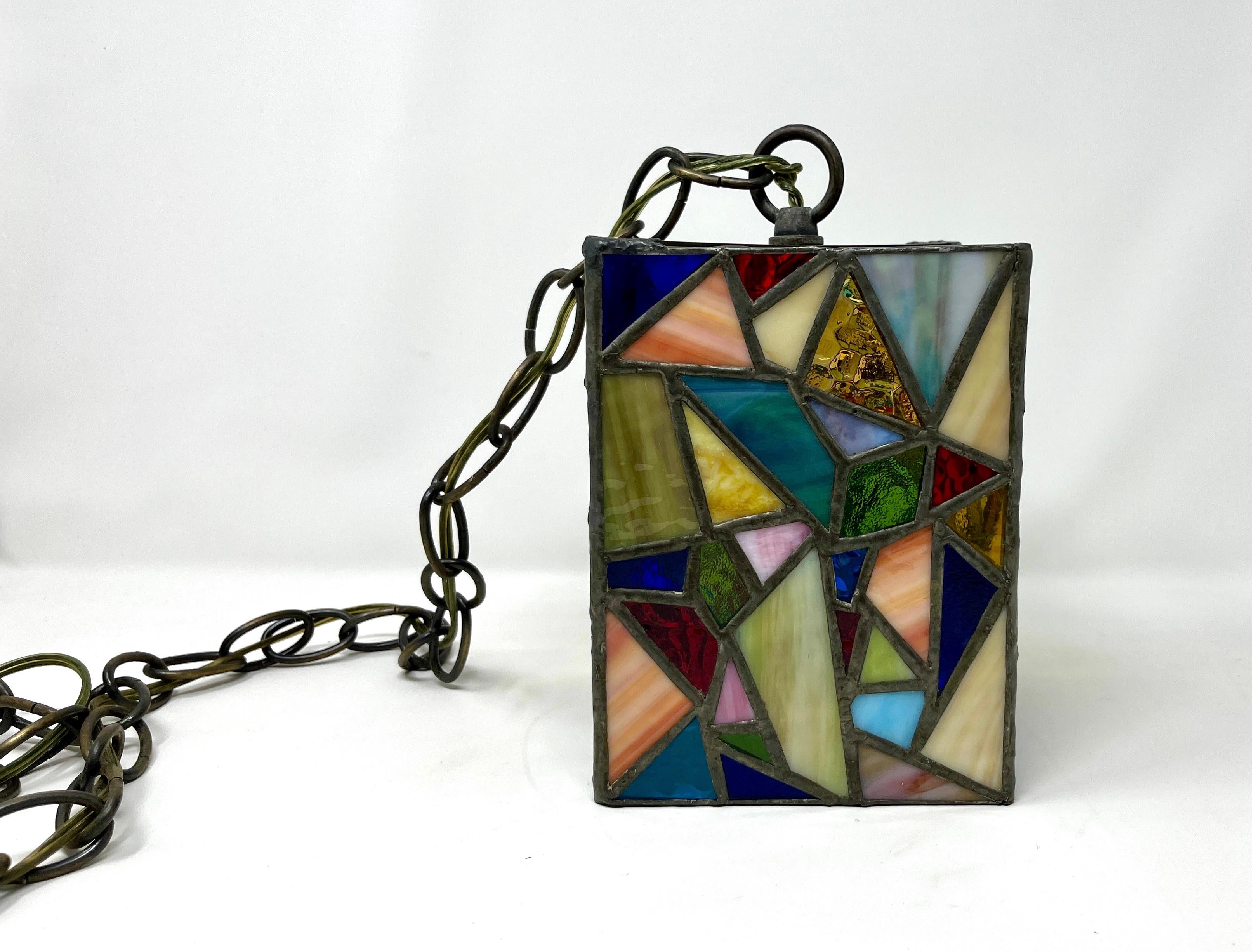 Mid-Century Modern Art Studio Multi-color Stained Glass Hanging Pendant Light