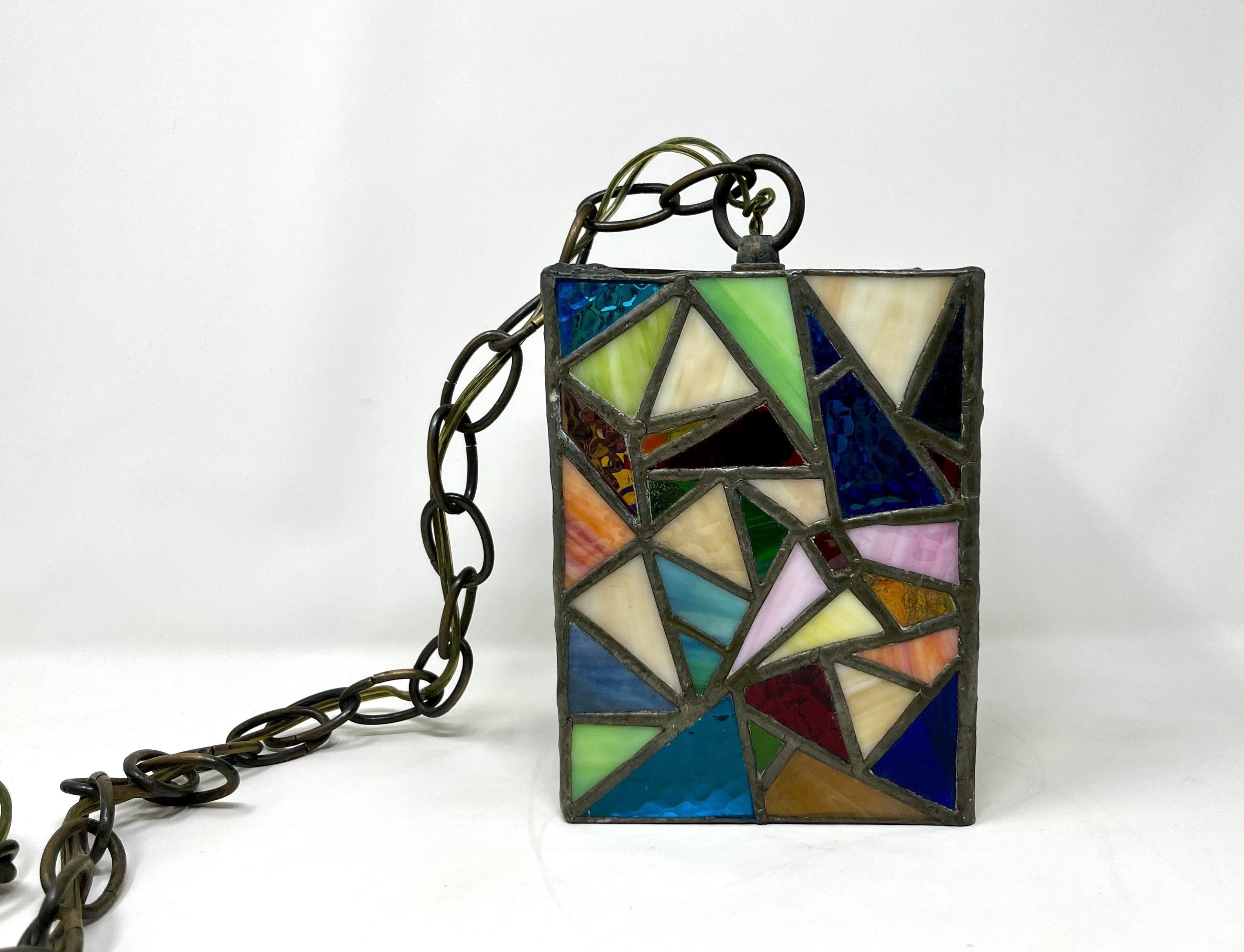 Art Studio Multi-color Stained Glass Hanging Pendant Light In Good Condition In Chicago, IL