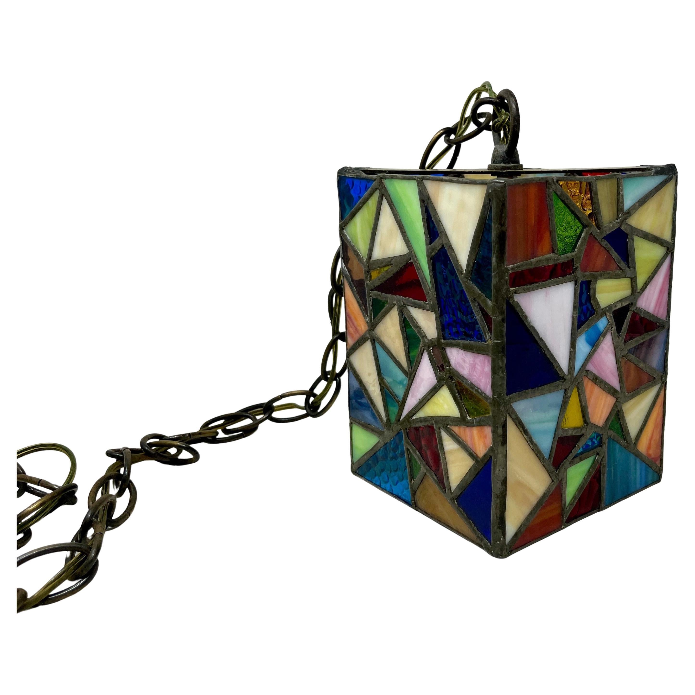 20th Century Art Studio Multi-color Stained Glass Hanging Pendant Light
