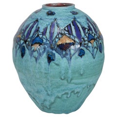 Art Studio Pottery Modernist Vase with Abstract Decor and Drip Glaze
