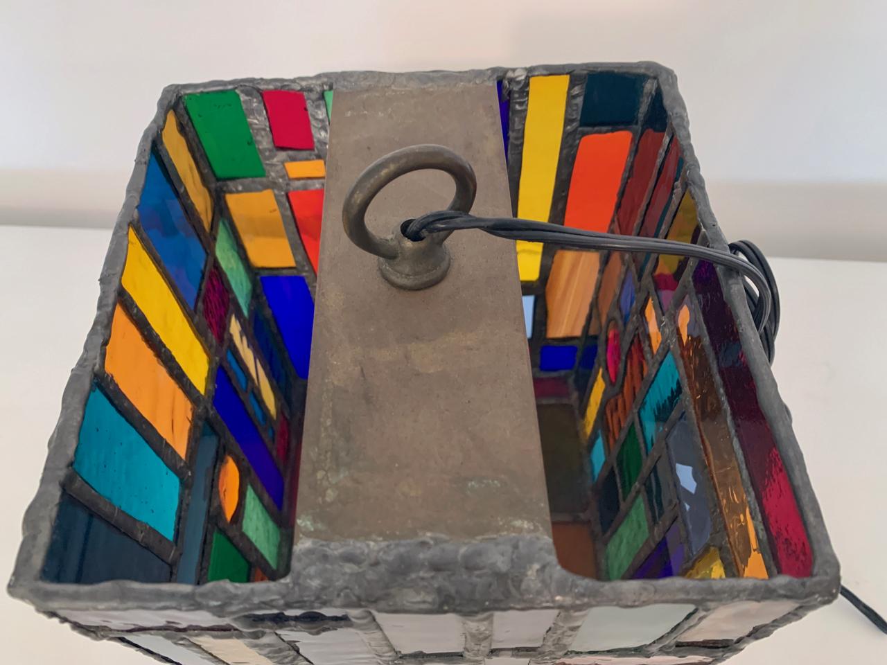 American Art Studio Rainbow Colored Stained Glass Hanging Pendant, 1950's