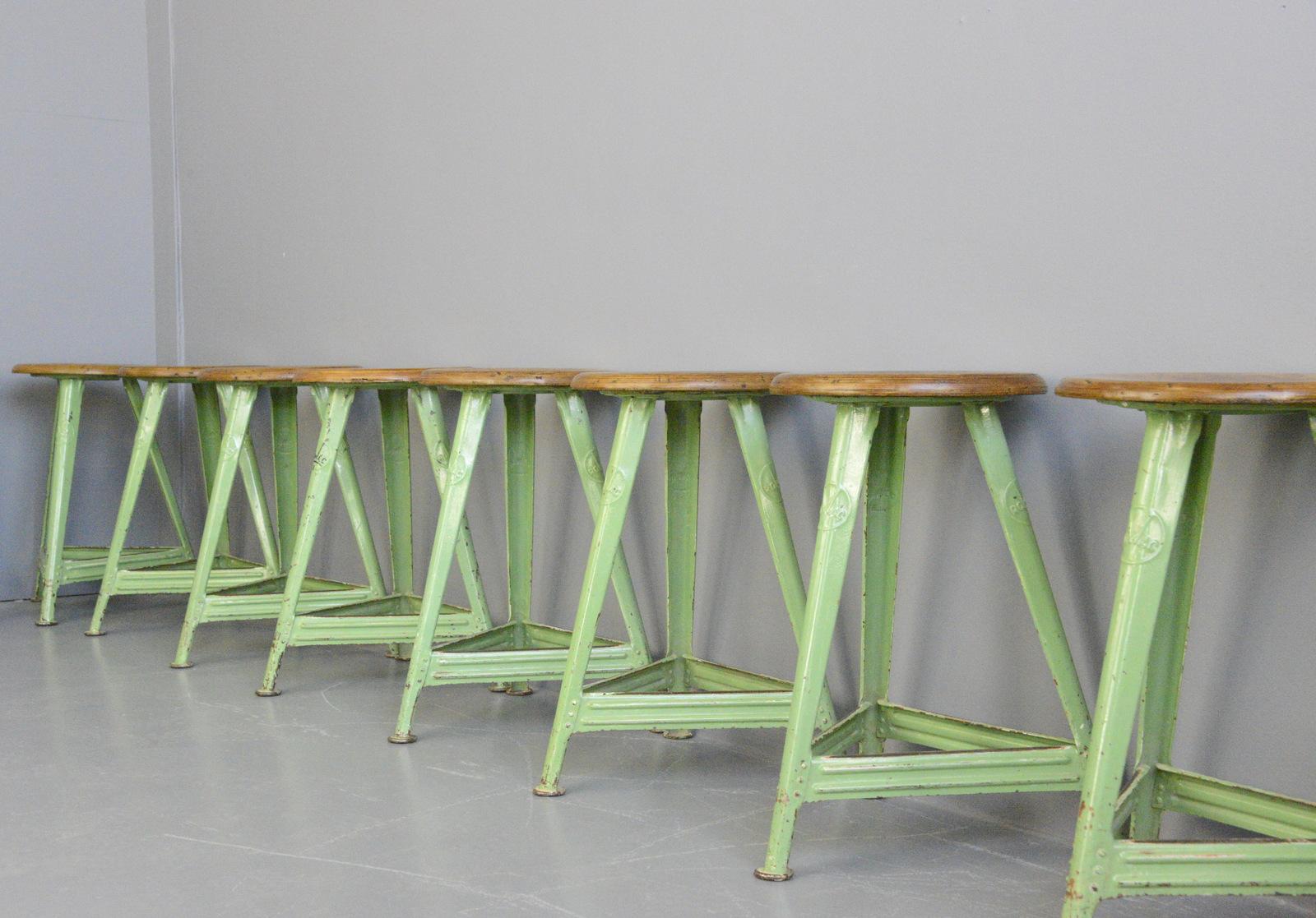 Art Studio stools by Rowac, Circa 1930s.

- Original green paint
- Branded 