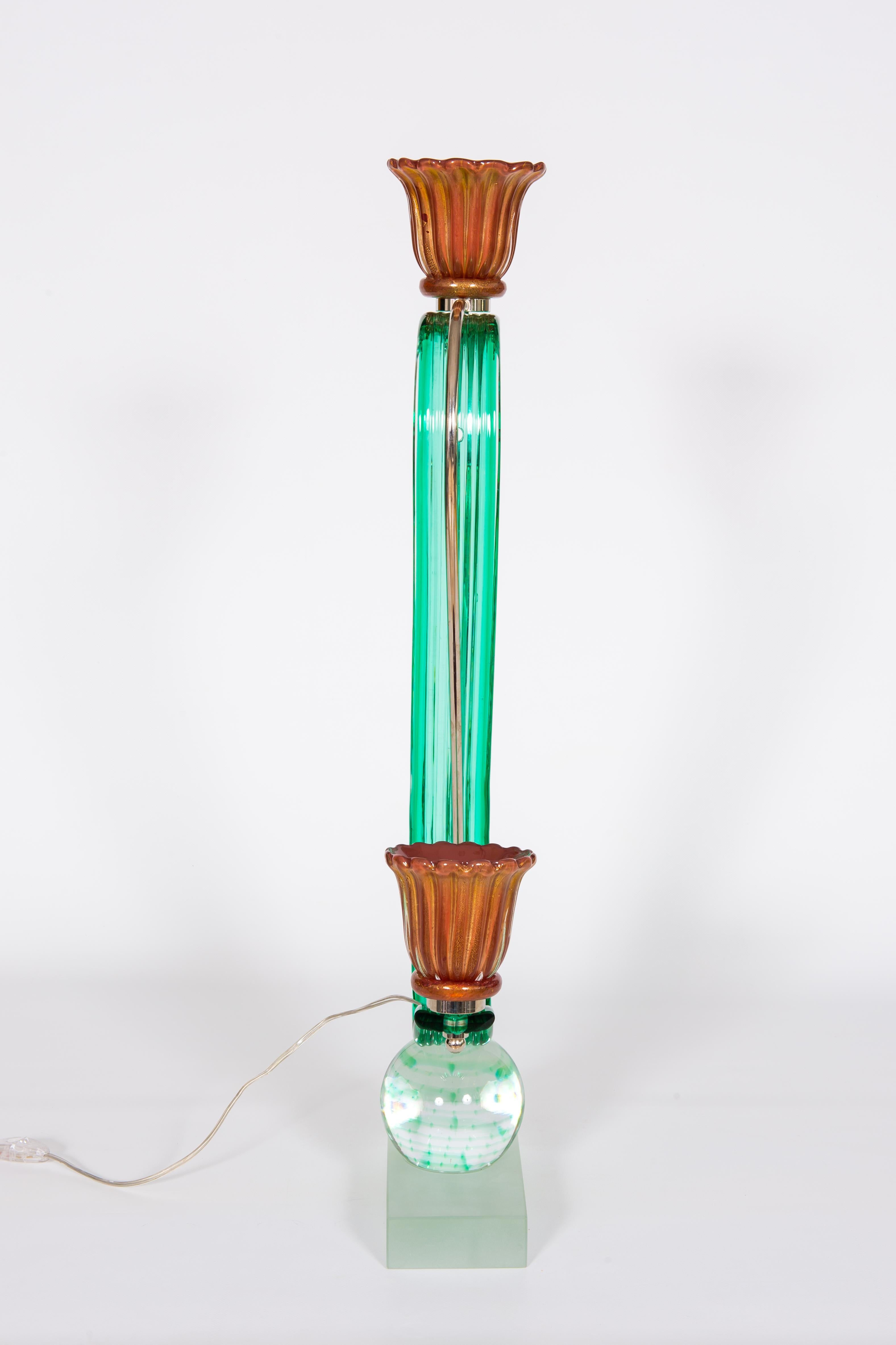 Art Table Lamp in Green Crystal and Coral-Colored Murano Glass, Contemporary For Sale 10